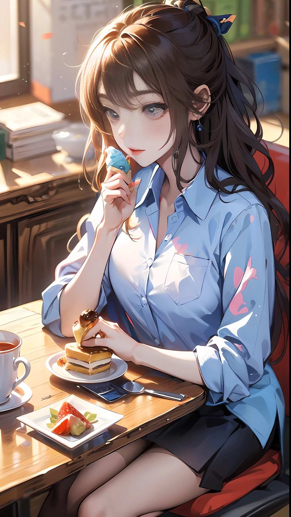 ((杰作,极品)),(1girl),((熟女)),浅粉发,((office lady)),刘海,中胸,(丰满),苗条,微笑,[宽臀],office, aru \(blue archive\),office，dessert，on desk，shirt under shirt，wrap skirt，(cake，ice cream cup，fruit bowl，on table，sandwich),on chair，