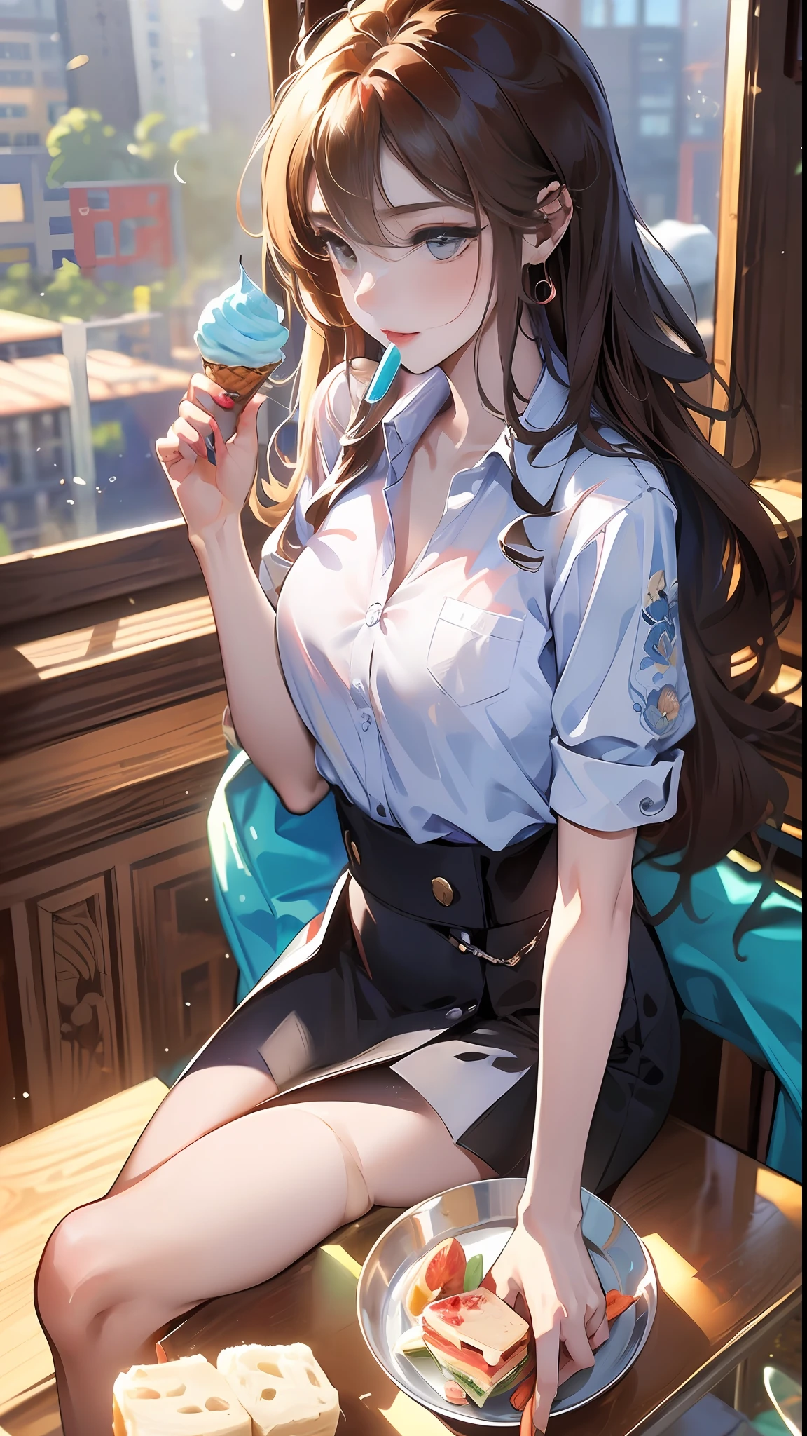 ((杰作,极品)),(1girl),((熟女)),浅粉发,((office lady)),刘海,中胸,(丰满),苗条,微笑,[宽臀],office, aru \(blue archive\),office，dessert，on desk，shirt under shirt，wrap skirt，(cake，ice cream cup，fruit bowl，on table，sandwich),on chair，