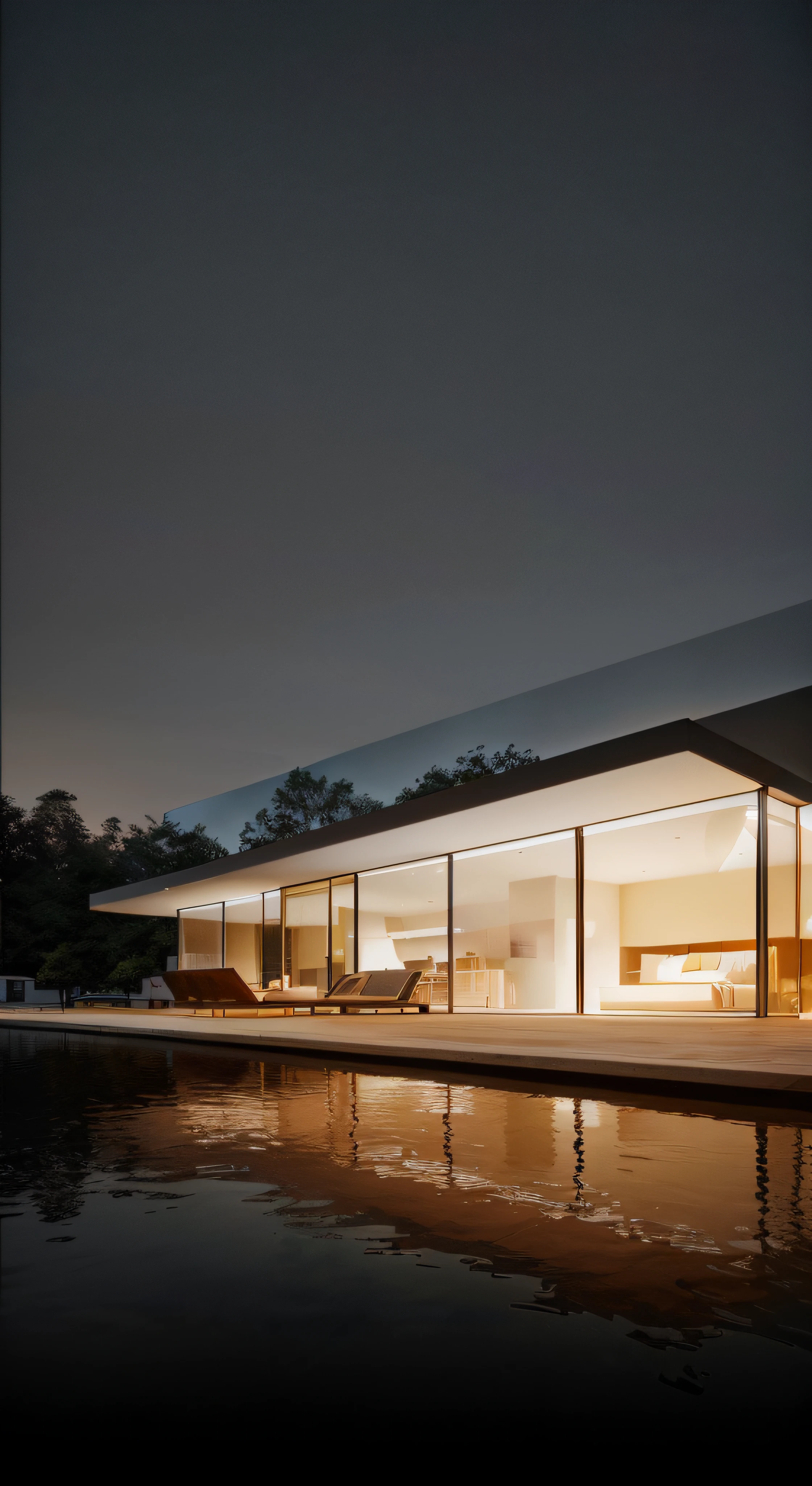 nighttime view of a modern house with a glass wall and a dock, night time render, architectural render, award-winning render, luxcore render, architectural visualization, architectural visualisation, sleek utopian design, minimalistic house in the wood, architectural 3 d render, architecture render, an award winning digital render, architectural rendering, lumion render, concept house