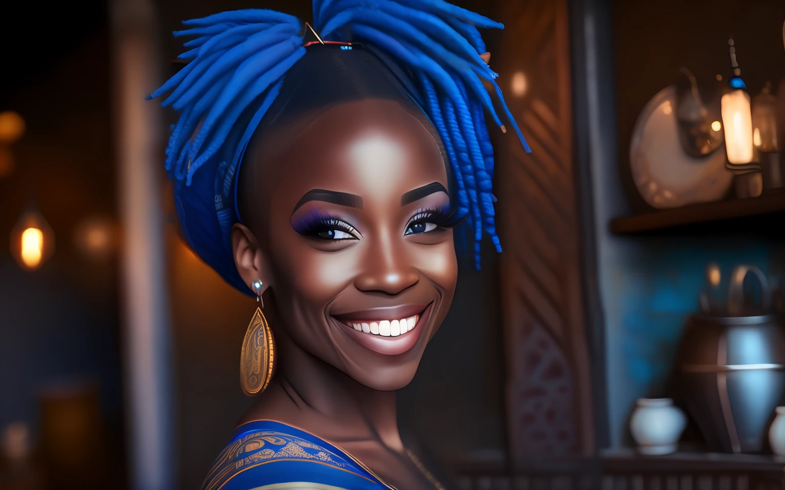 a portrait photo of a black girl, smiling, tattoo, blue dreads, short dress, pronounced feminine feature, insane details, intricate details, hyperdetailed, complex background, medieval tavern, indoors