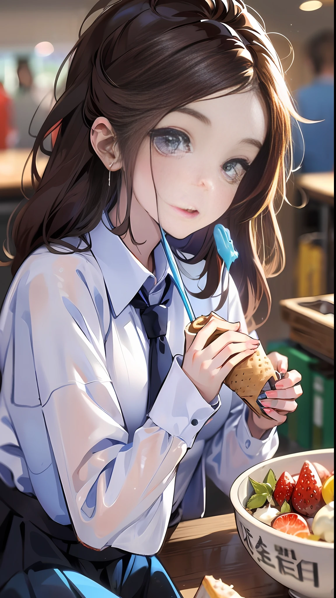 ((杰作,极品)),(1girl),((熟女)),浅粉发,((office lady)),刘海,中胸,(丰满),苗条,微笑,[宽臀],office, aru \(blue archive\),office，dessert，on desk，shirt under shirt，wrap skirt，(cake，ice cream cup，fruit bowl，on table，sandwich),on chair，