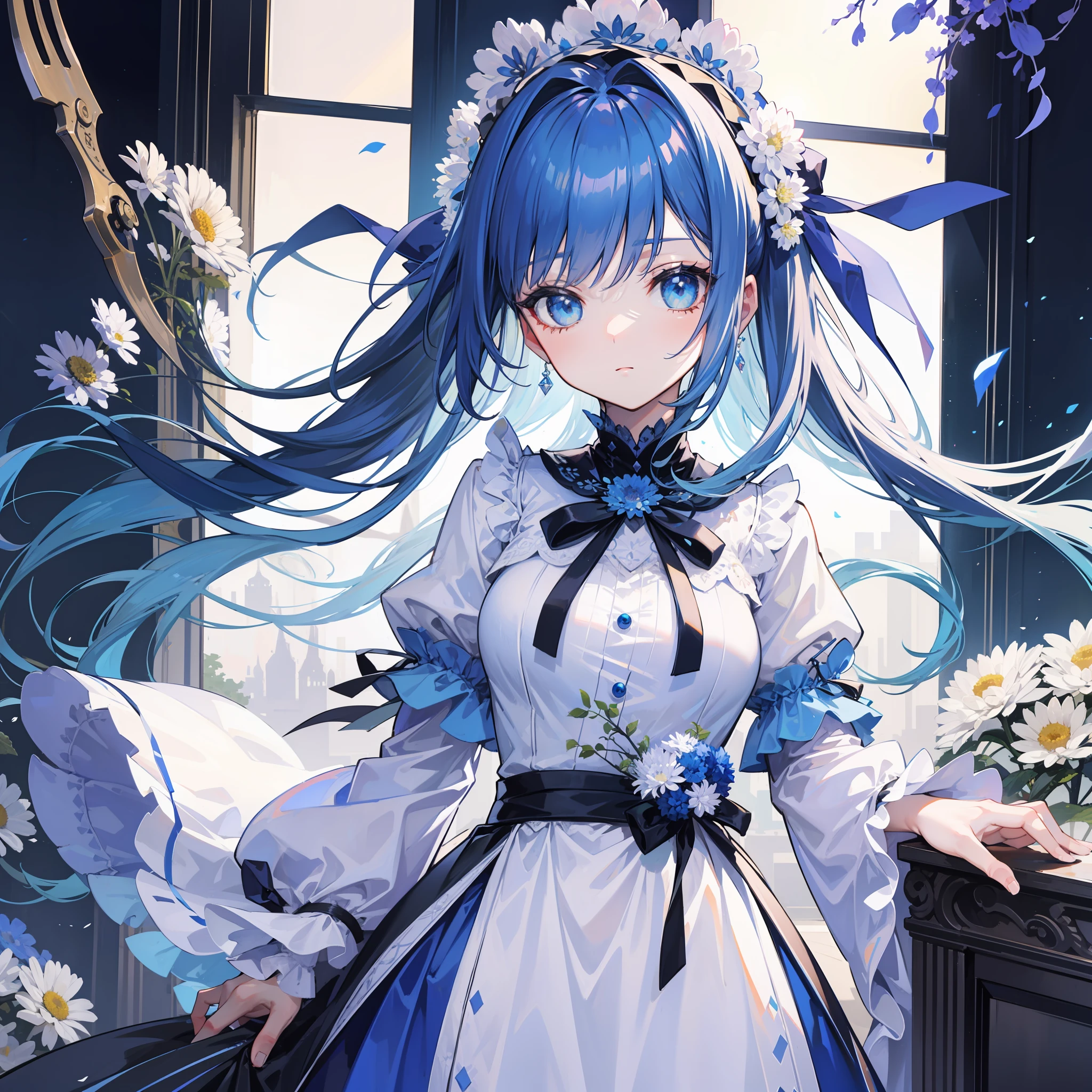 Gorgeous blue ta dress, blue Ponet headdress pinned to blue chrysanthemums, and broken blue scissors in hand