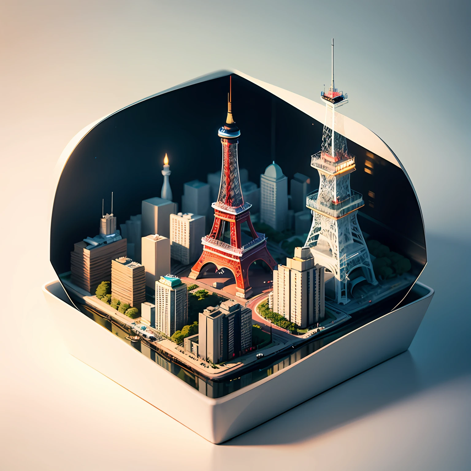 Skytree, Japan, Shibuya, street, Tokyo Tower, isometric art, building, floating island, light background, clean background, white background, holographic white, minimalism, --auto
