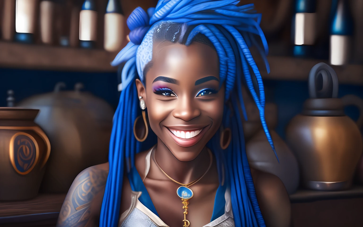 a portrait photo of a black girl, smiling, tattoo, blue dreads, short dress, pronounced feminine feature, insane details, intricate details, hyperdetailed, complex background, medieval tavern, indoors