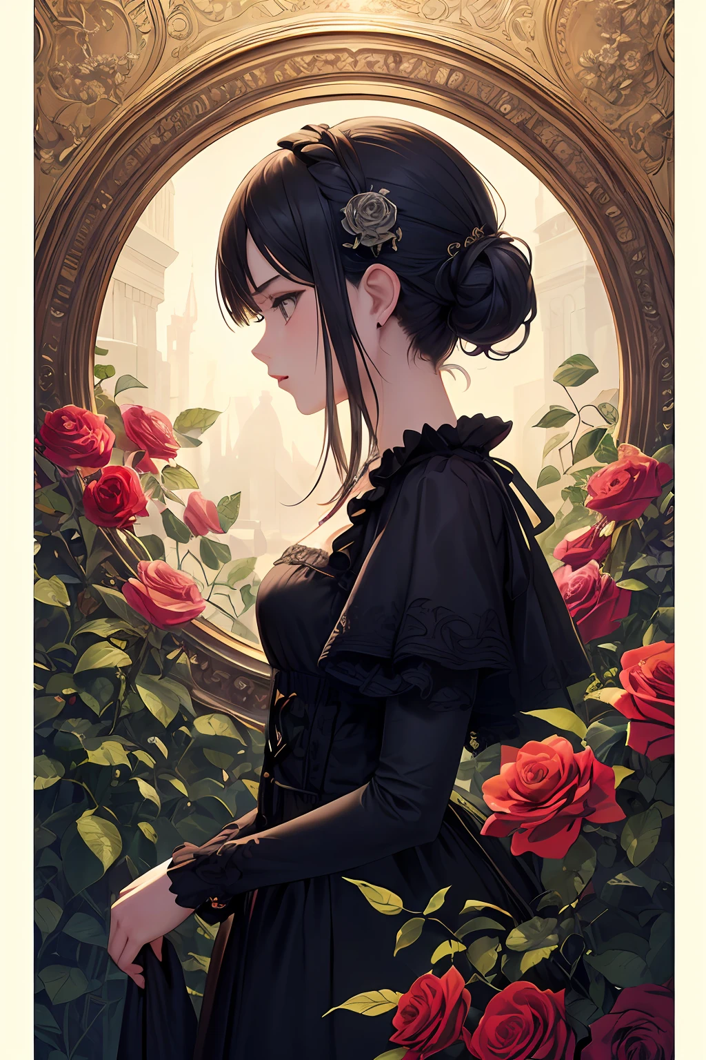 (Masterpiece, Top Quality, Best Quality, Official Art, Beauty and Aesthetics: 1.2), (1girl: 1.3), Extremely detailed, Colorful, Most Detailed ((Ultra Detailed)), Gothic Style Metal Border, (Highly Detailed CG Illustration), (Very Delicate and Beautiful), (From the Side), Movie Light, Roses, Roses