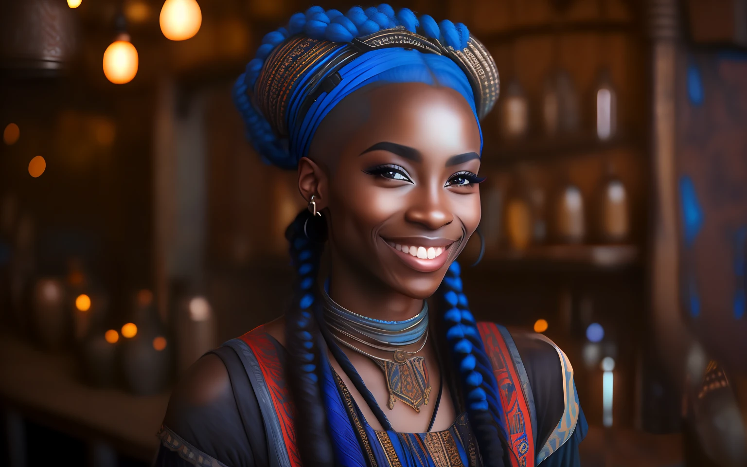 a portrait photo of a black girl, smiling, tattoo, blue dreads, short dress, pronounced feminine feature, insane details, intricate details, hyperdetailed, complex background, medieval tavern, indoors