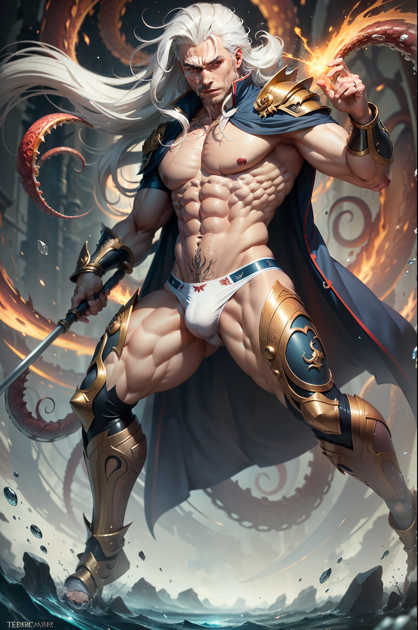 Full body image, Man sorcerer being attacked by tentacles, intricate details, strong body, long messy white hair, sorcerer's outfit rich in detail, vivid colors, abstract setting, centered image, dynamic pose, realistic, anime style, 16k, underwear with bulge, muscular hero underwear, underwear with hyper bulge, realistic, golden shiny particles, sorcerer's outfit with red underwear with detailed bulge,  Holding extremely detailed staff, ultra detailed full-body image, expression of fear and panic, tentacles attacking and squeezing