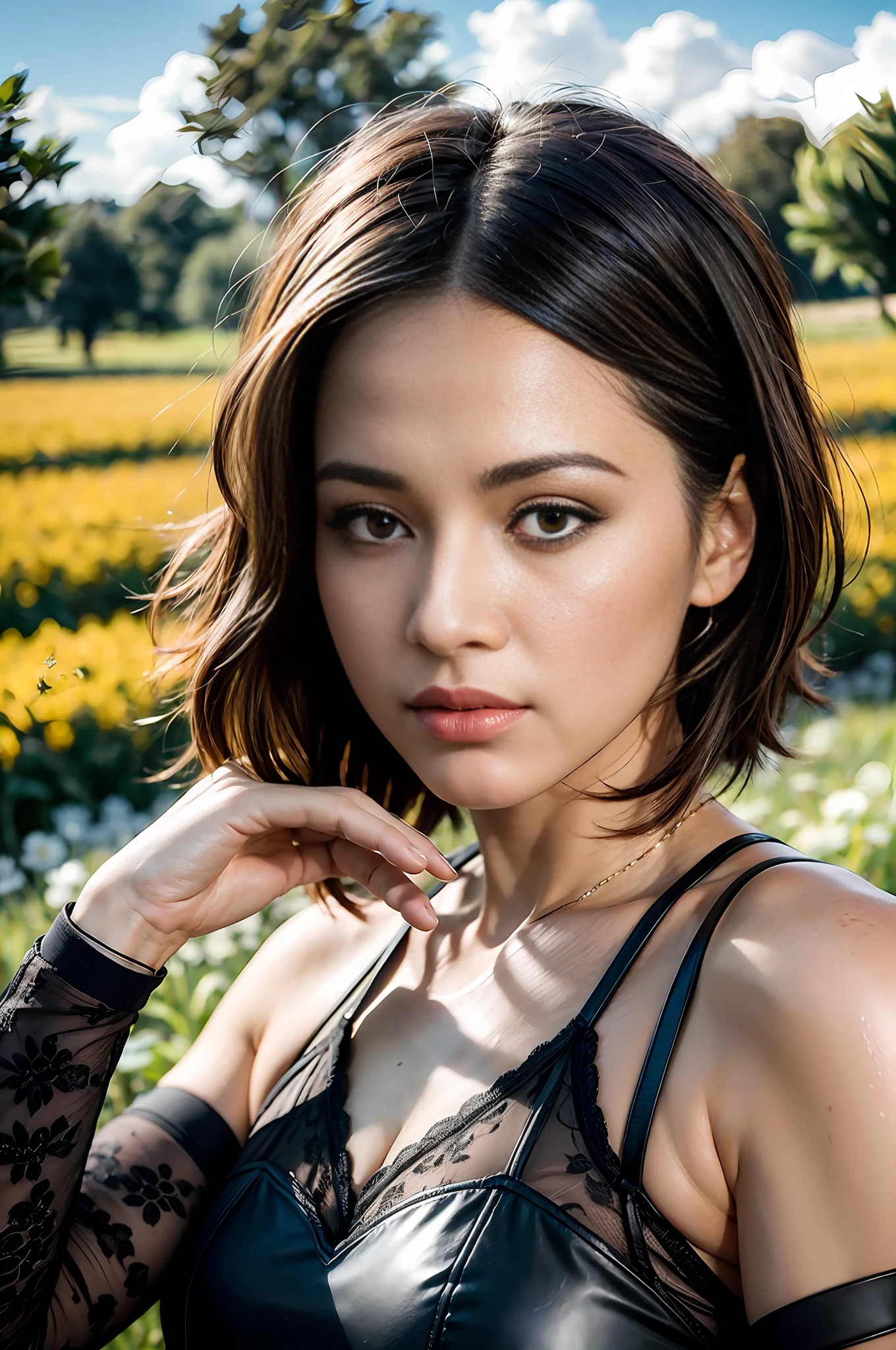 (realistic:1.3), finely detailed, quality, rembrandt lighting, (masterpiece:1.2), (photorealistic:1.2), (best quality), (detailed skin:1.3), (intricate details), dramatic, ray tracing, 1girl, american latina girl, short brunette hair, 21 years old, medium breasts, (Meadow, Sun, Clouds, Field, Farming, Starlight, Walking trail) 5,000K