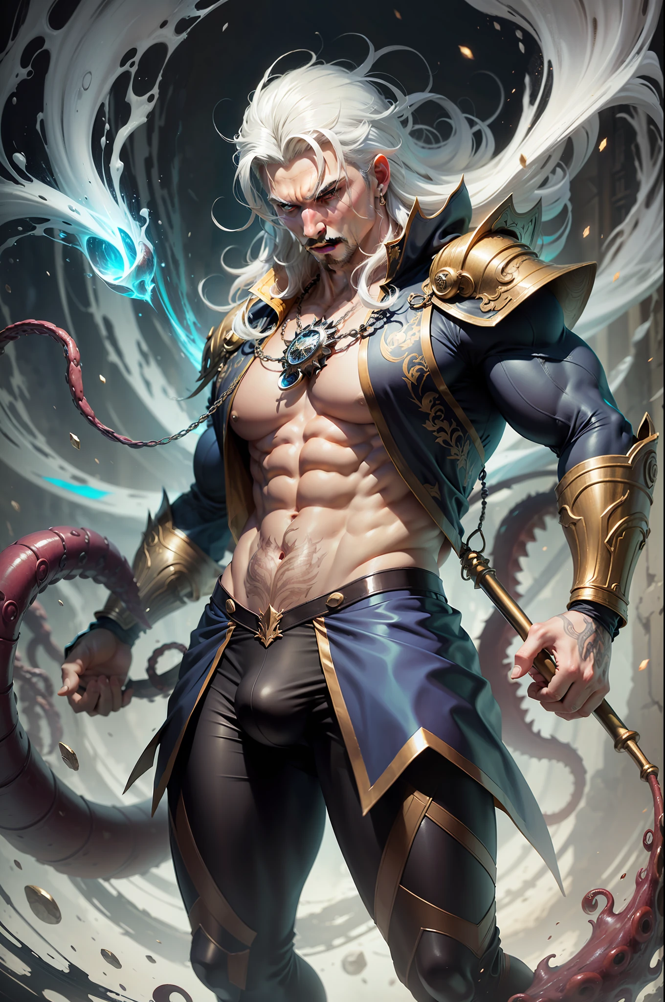 Full body image, Man sorcerer being attacked by tentacles, intricate details, strong body, long messy white hair, sorcerer's outfit rich in detail, vivid colors, abstract setting, centered image, dynamic pose, realistic, anime style, 16k, underwear with bulge, muscular hero underwear, underwear with hyper bulge, realistic, golden shiny particles, sorcerer's outfit with red underwear with detailed bulge,  Holding extremely detailed staff, ultra detailed full-body image, expression of fear and panic, tentacles attacking and squeezing