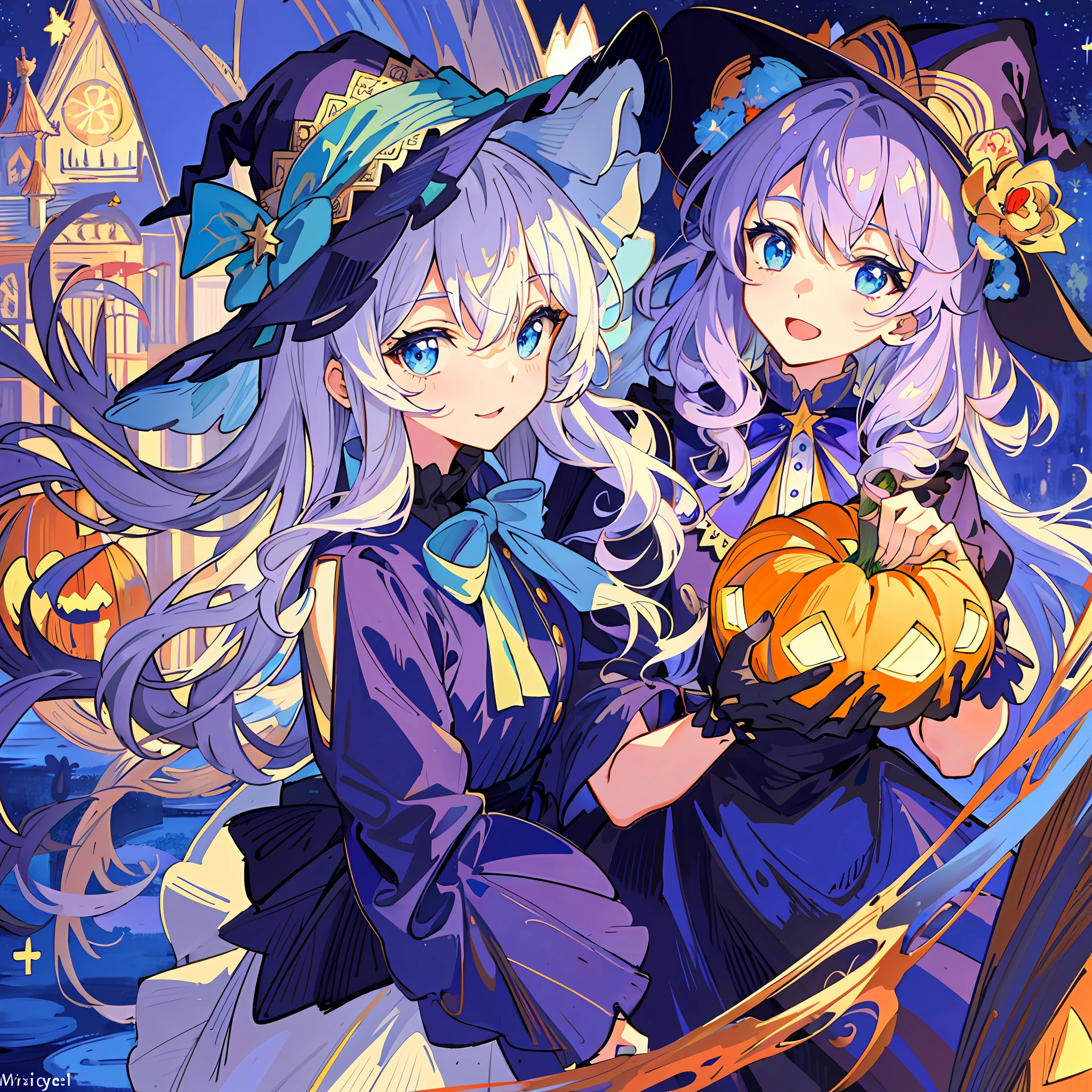 ((masterpiece:1.2, best quality)), 1girl, solo, (witch hat), a close up of a girl with curly hair, dress, aurora, night, star (sky), gloves, sky, dress, night sky, open mouth, starry sky, light blue eyes, ribbons, smile, cape, colorful hair, magic, casting spell, night, (impressionism:1.4), alphonse mucha, Halloween colors, colorful candy, magical lights, pumpkins, candies