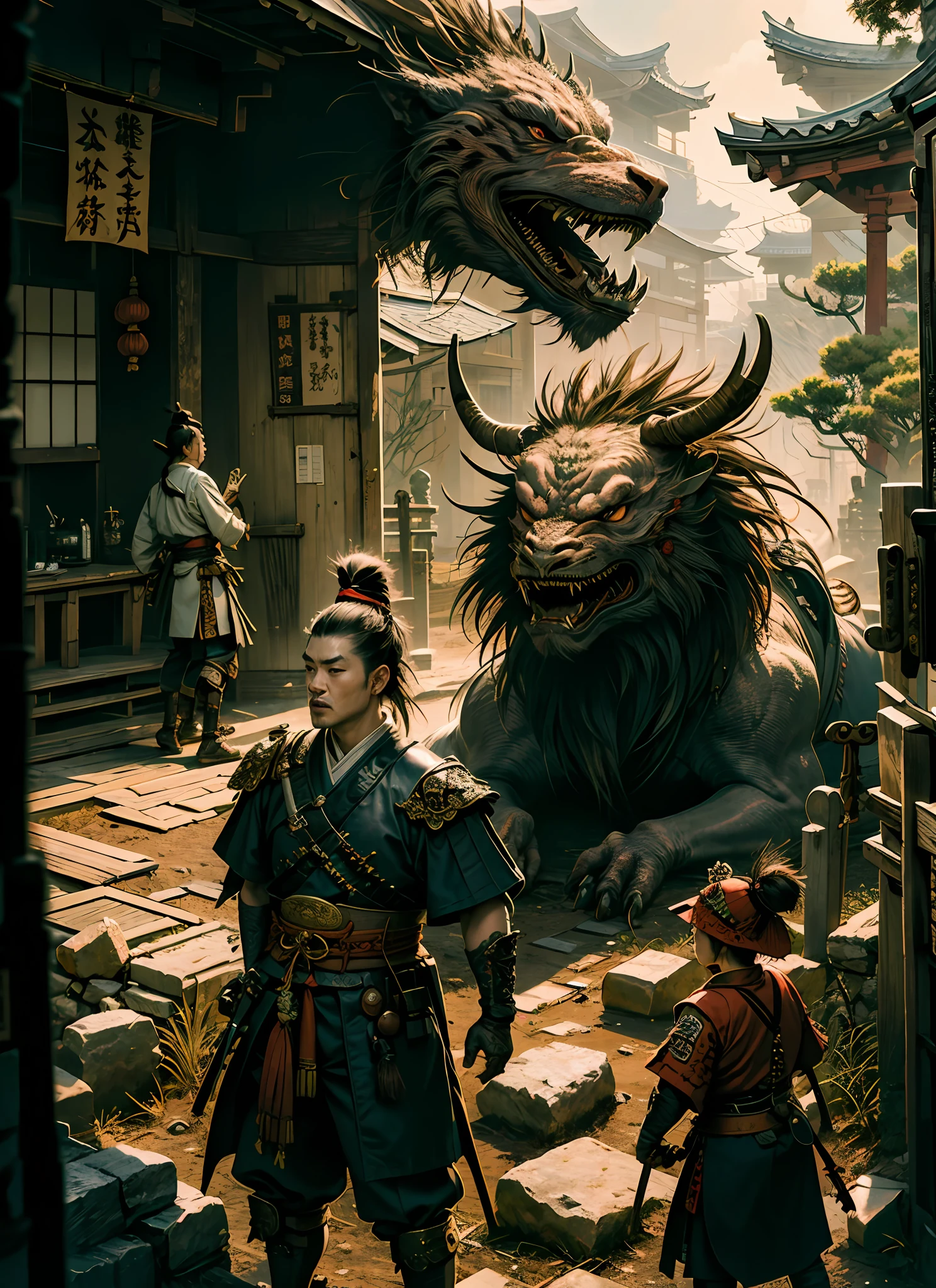 Samurai fighting with chinese dragon,typical samurai detail-oriented clothing, dynamic lighting, expansive shadows, 17th century scenery, ancient Japan,(masterpiece)midjourney style,iq3, Canon 8k, maximum resolution