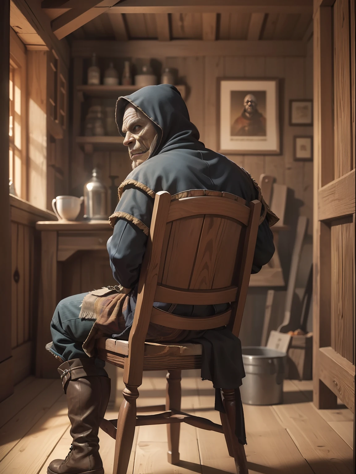Masterpiece, highly detailed, ultra-realistic, detailed background,
medieval style,
(dark wooden inn room), (scary face),
(Bandit man sitting on chair with legs crossed), (full body), (boots), wide shot, (from behind)