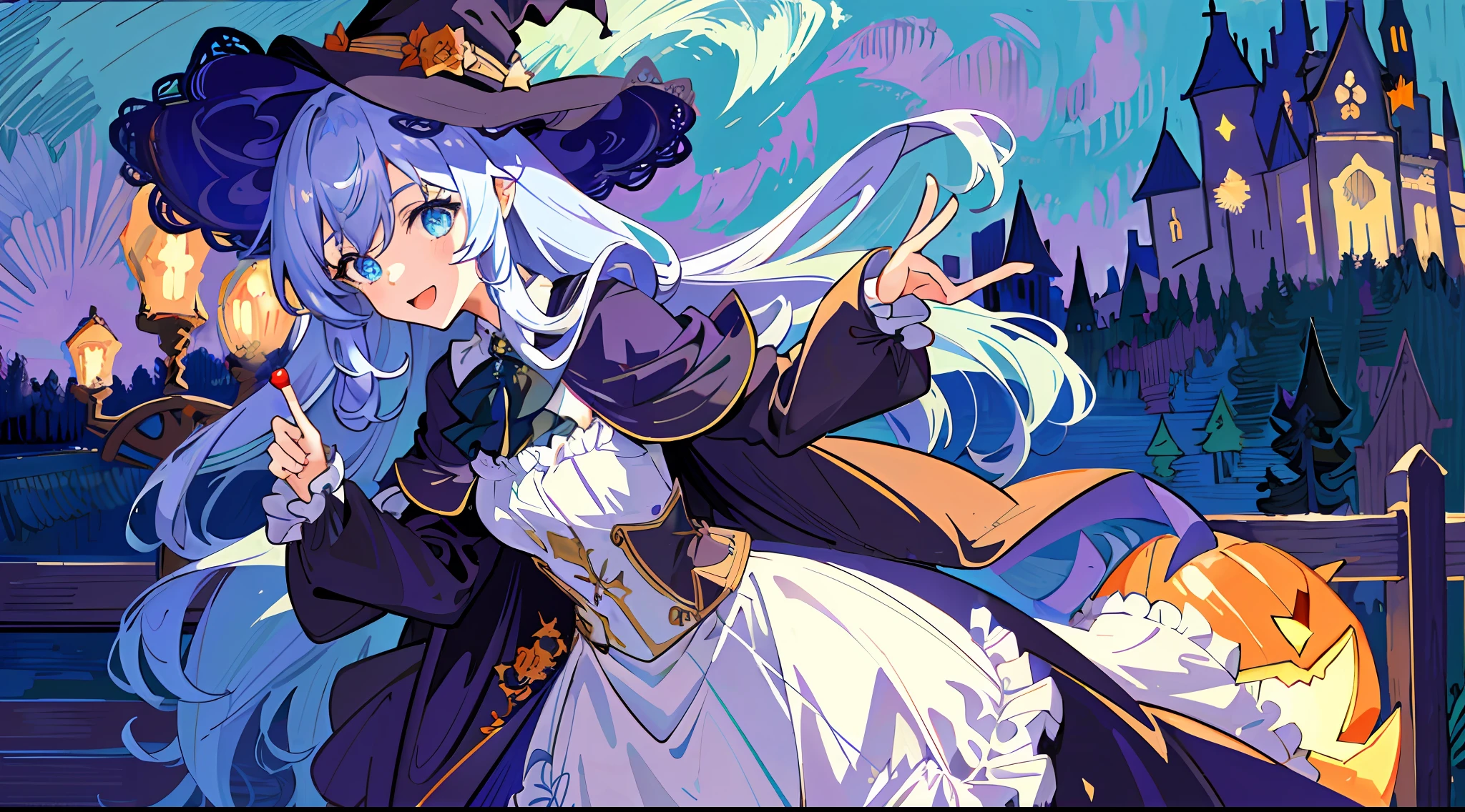 ((masterpiece:1.2, best quality)), 1girl, solo, (witch hat), a close up of a girl with curly hair, dress, aurora, night, star (sky), gloves, sky, dress, night sky, open mouth, starry sky, light blue eyes, ribbons, smile, cape, colorful hair, magic, casting spell, night, (impressionism:1.4), alphonse mucha, Halloween colors, colorful candy, magical lights, pumpkins, candies, spooky castle cathedral background