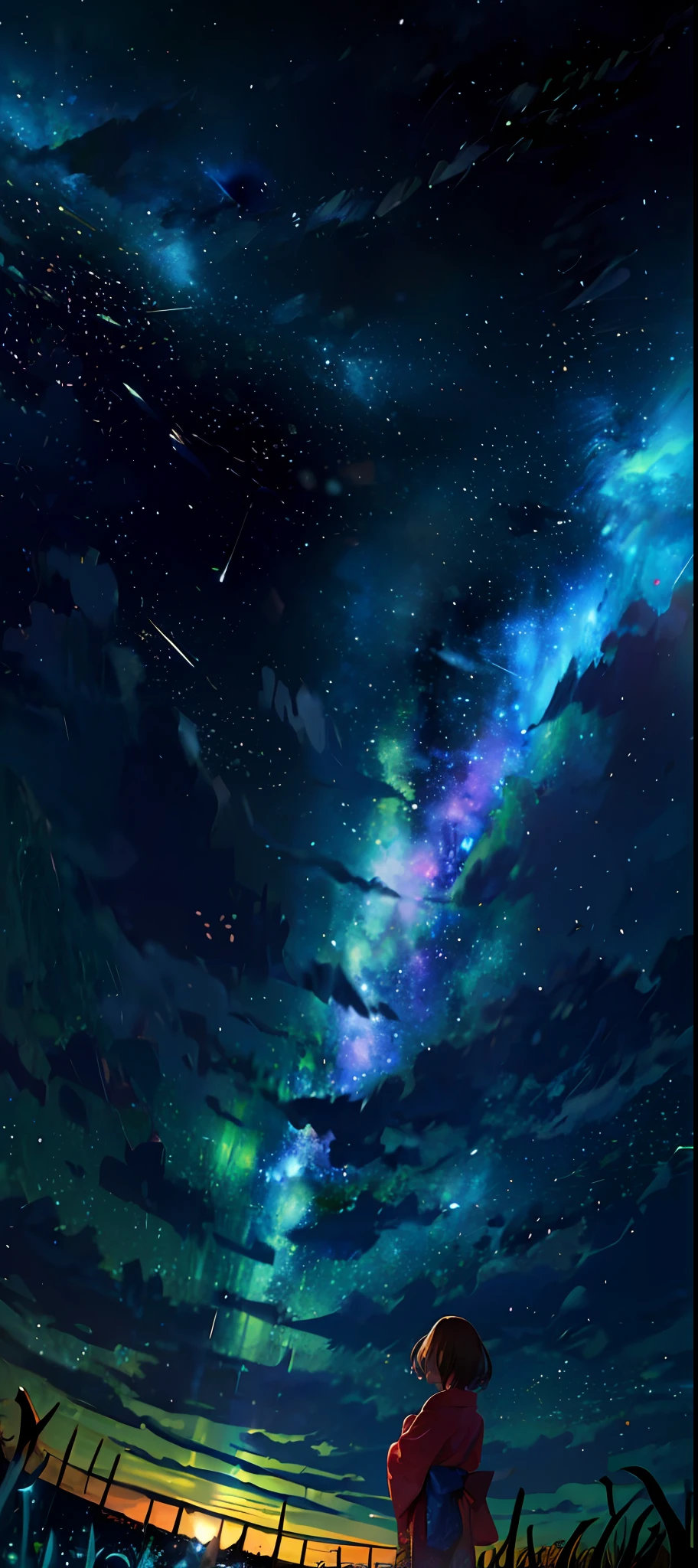 1girl, a distant girl in a kimono staring at the stars, (zoomed out: 1.1), (meteor shower: 1.2), (comet: 1.1), your name, low angle, from behind, northern lights, shooting stars, yukata, red kimono, cherry blossoms, Standing in the field, best quality, masterpiece, cloud, colorful, starry, stars,