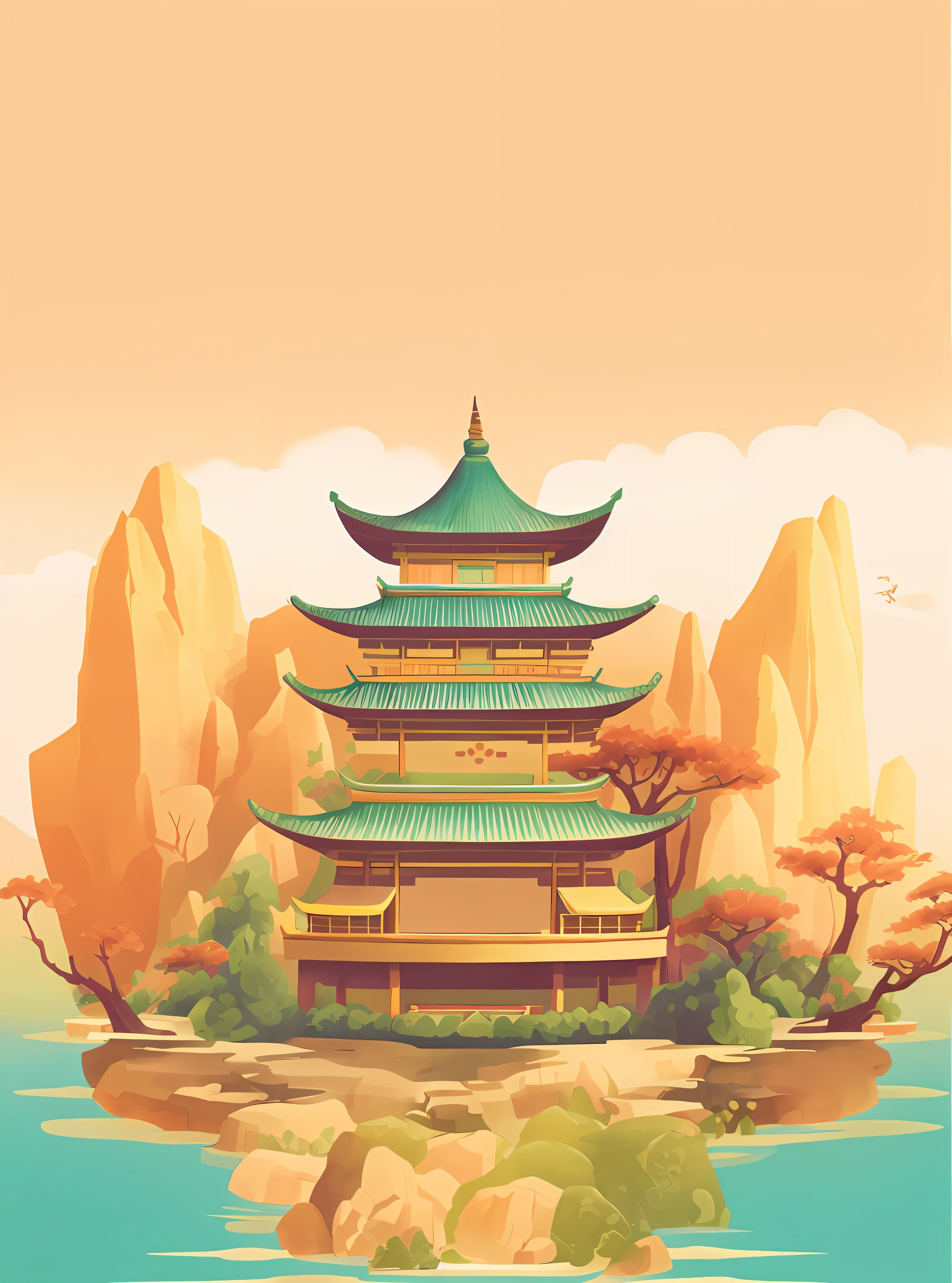 illustration of a pagoda in the middle of a lake surrounded by mountains, digital painting of a pagoda, temple background, background depicting a temple, zen temple background, chinese watercolor style, ancien chinese tower, legend of korra setting, a beautiful artwork illustration, background art, background artwork, chinese landscape, oriental wallpaper, chinese building, chinese palace, pagoda
