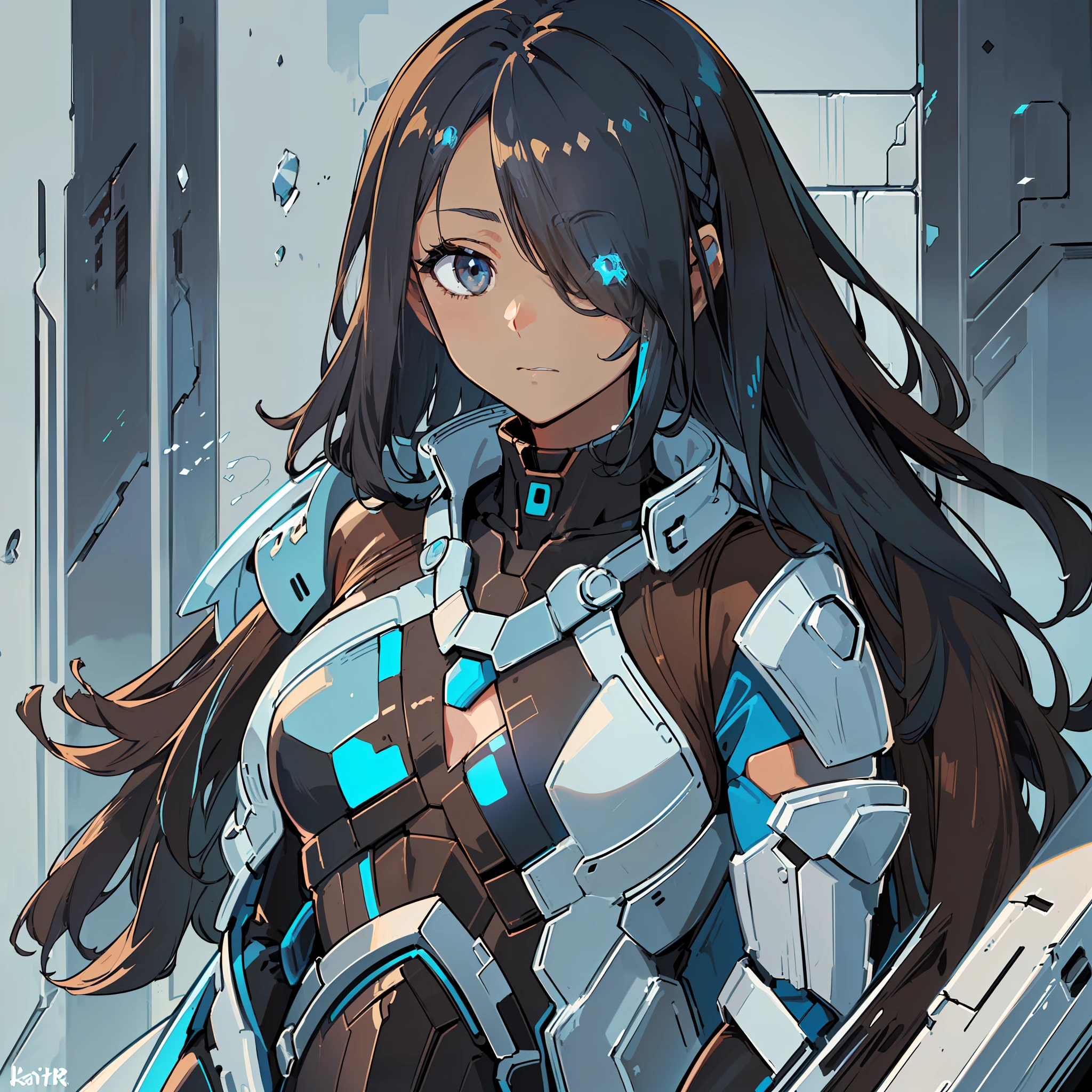 ((((Serene Expression)), (((Flat Chest)))Female, ((((Brown Skin)))), (((Long Dark Blue Hair with Unilateral Fringe Covering One Eye))))), Light Blue Eyes, (((((((Black Battle Tech Suit Covered)))))), Clothes Are Mostly Black Colored, But with Blue and White Parts