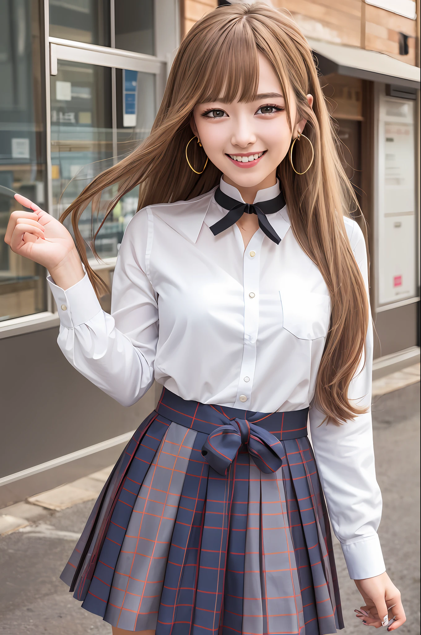 masterpiece, best quality, highres, kitagawa marin, 1girl, blonde hair, long hair, multicolored hair, red eyes, jewelry, earrings, piercing, school uniform, white shirt, tied shirt, black choker, blue necktie, plaid skirt, grin, smile, standing, cowboy shot, outdoors,