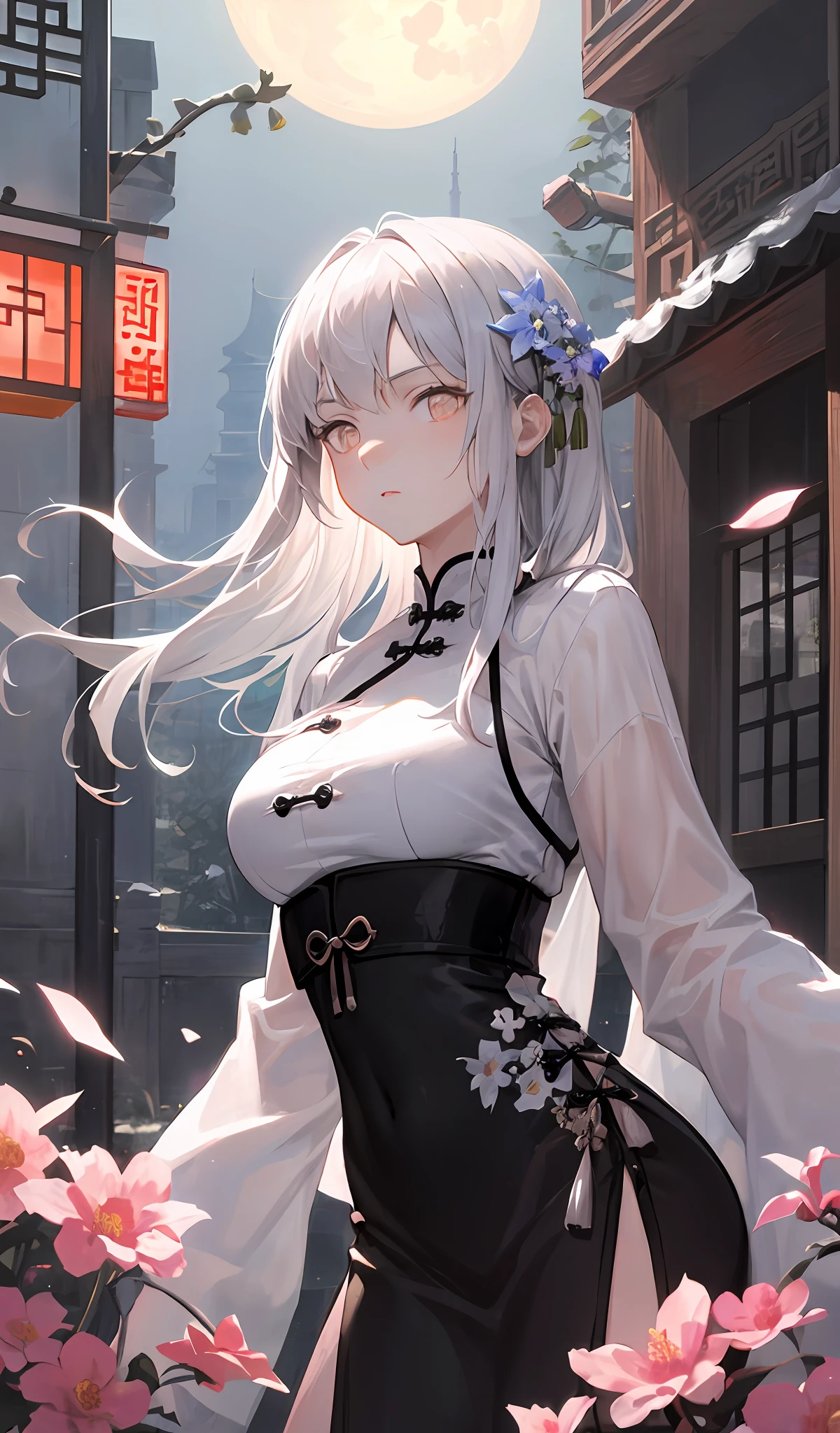 Masterpiece, Best, Night, Full Moon, 1 Female, Mature Woman, Chinese Style, Ancient China, Elder Sister, Royal Sister, Cold Face, Expressionless, Silver White Long Haired Woman, Pale Pink Lips, Calm, Intellectual, Three Belts, Gray Hitomi, assassin, dagger, flower ball background, street view