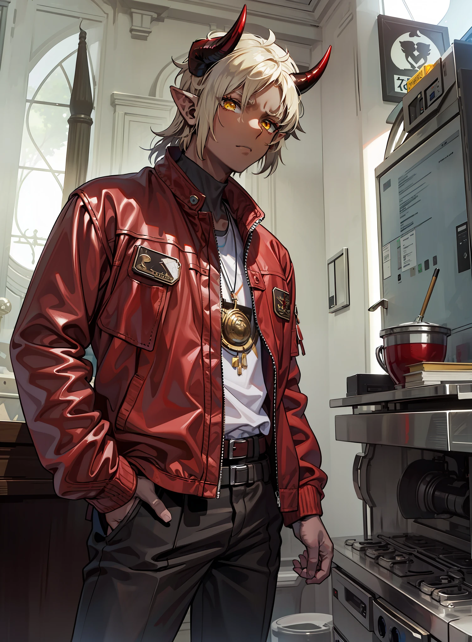 Boy, brown skin, red jacket, pointy ears, horns,4k, yellow eyes, scarf on neck