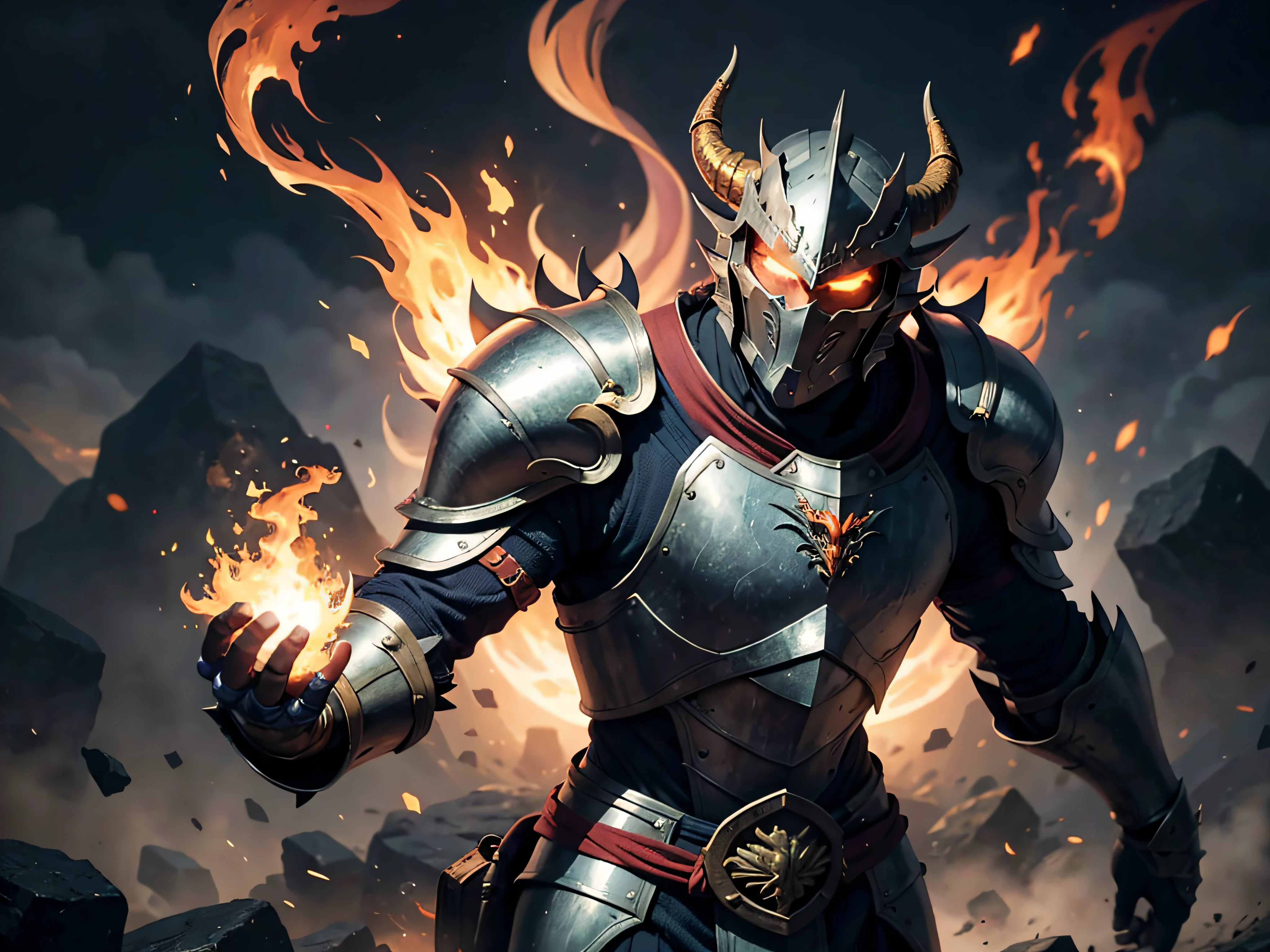 Man standing, black armor, black armor, black armor, medieval armor, dragon-inspired details and lines on armor, dragon-like armor, magma flowing through the lines of the armor, flames coming out of the eyes of the helmet, glowing, rendered, semi-realistic, semi-realistic style, illustration, splash art, highly detailed, dark fantasy, light armor, amazing armor, light armor, black armor