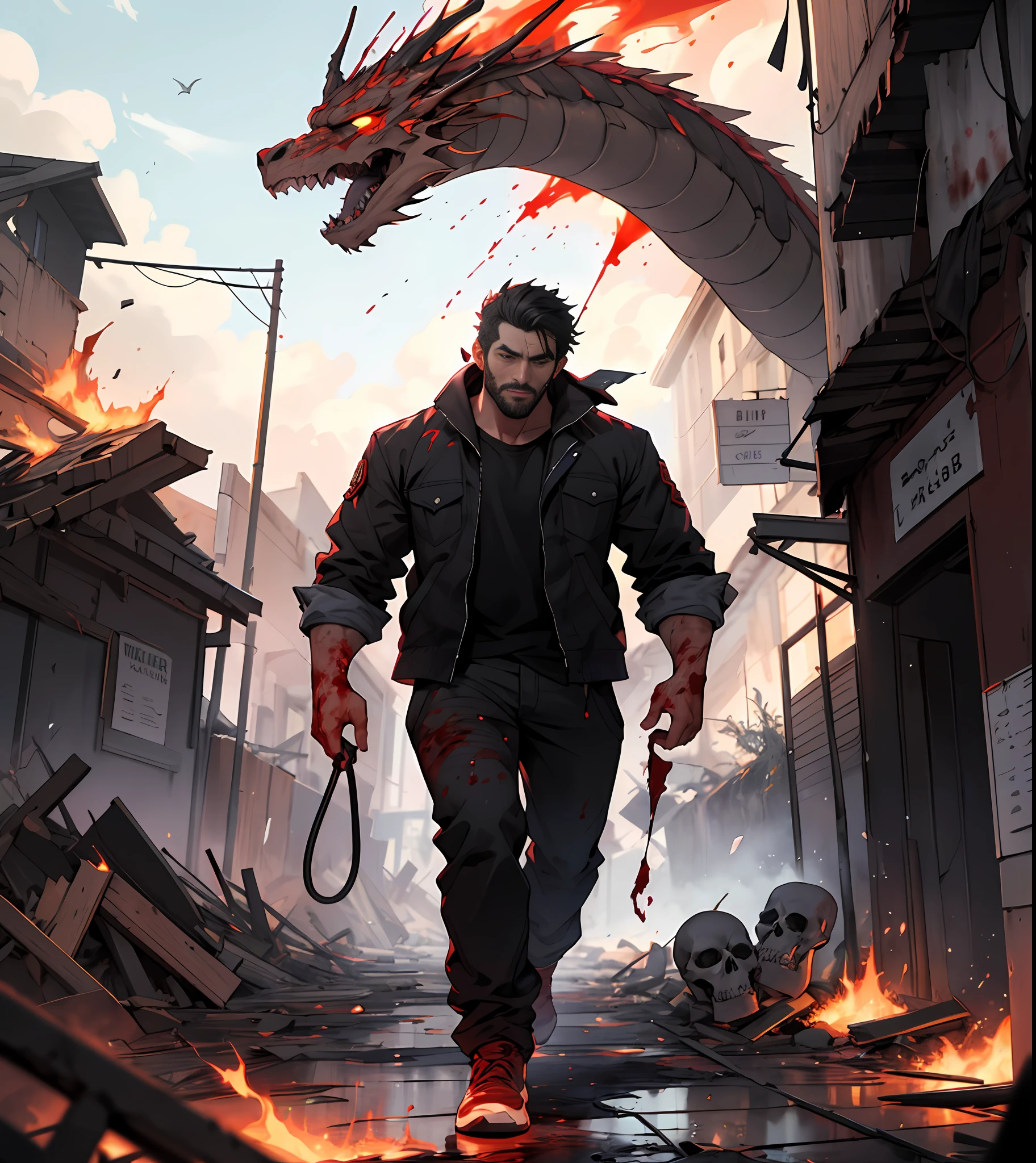 Drawing a man with a face would be looking at the viewer, everything around is on fire and is destroyed. It has several skeletons around it and a dragon behind them. The sky is red falling a shower of blood leaving everything dirty with blood