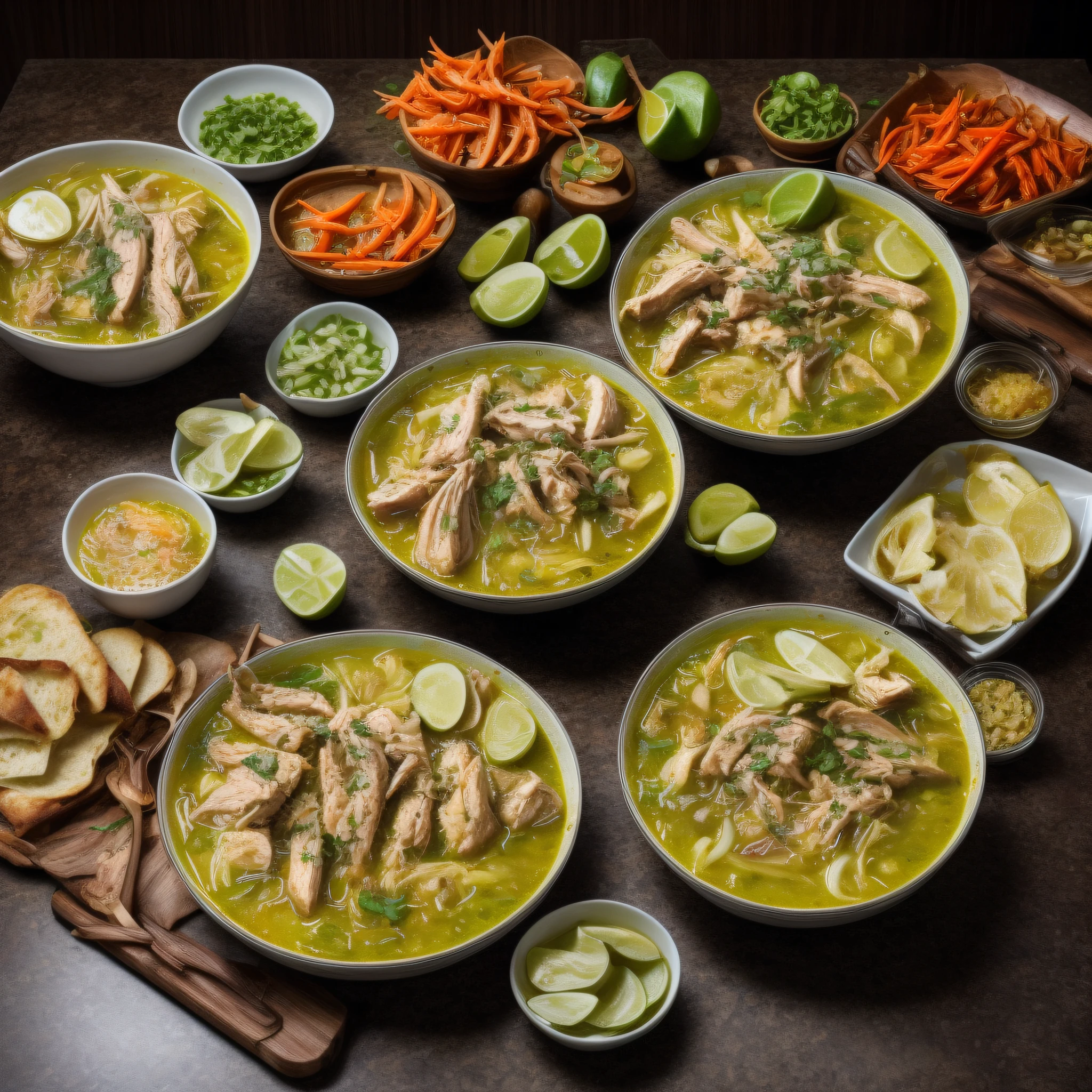 A night of soto ayam, oily and delicate, a little chopped green onion, garlic, carrot, super realistic food pictures, the complete theme shown in the photo, in the table at office background, Randy Post, hyper realistic &quot;, hyper realistic&quot;, high res photo