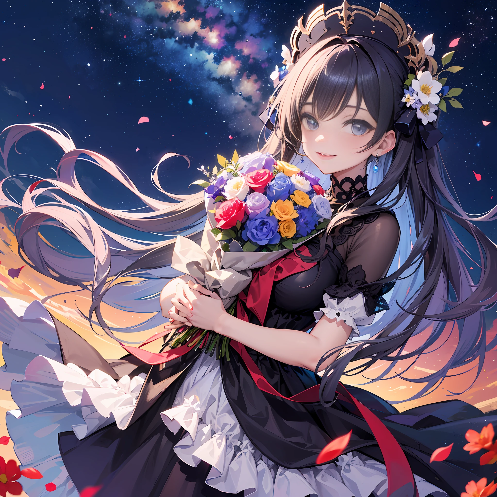 The vast night sky stretches over the Milky Way. A girl looks up at the night sky in one corner of the video. Smiling face. Holding a large bouquet of flowers in both hands.