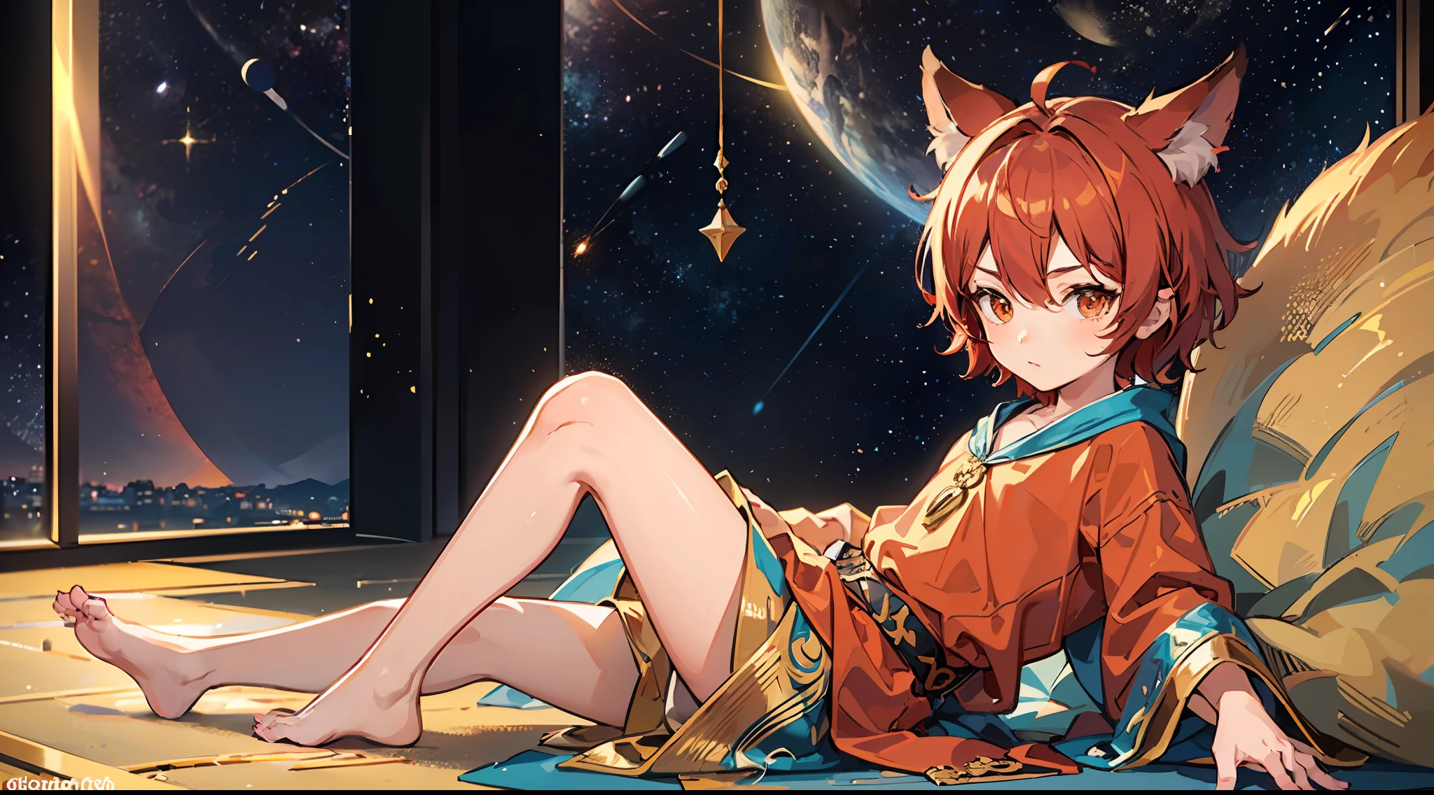 (Little boy with short red hair with golden eyes), (dressed in a golden and red fairy robe), (red fox ear tail), (handsome), (barefoot), (in the space crack), (dance)