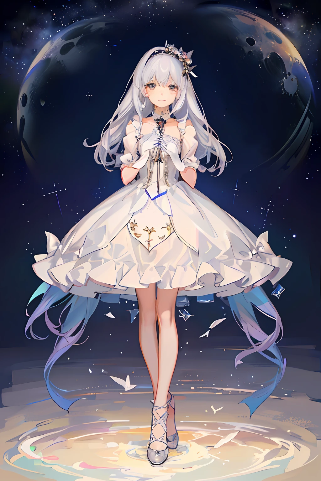 a cartoon girl in a white dress standing in front of a star filled sky, cute anime waifu in a nice dress, loli in dress, astral witch clothes, white dress!! of silver hair, magical dress, lunar themed attire, full body portrait of a short!, royal elegant pose, sparkling magical girl, style of magical girl, astral dress, anime goddess --auto