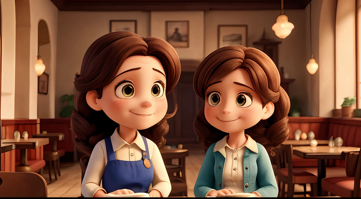 Illustrious The old mother Maria and her daughter Ana of only three years of age, both with brown hair, in an exciting moment because the old Mr. John goes to offer the opportunity of work to Maria in his restaurant, showing the joy in their faces before the new hope that presents itself.