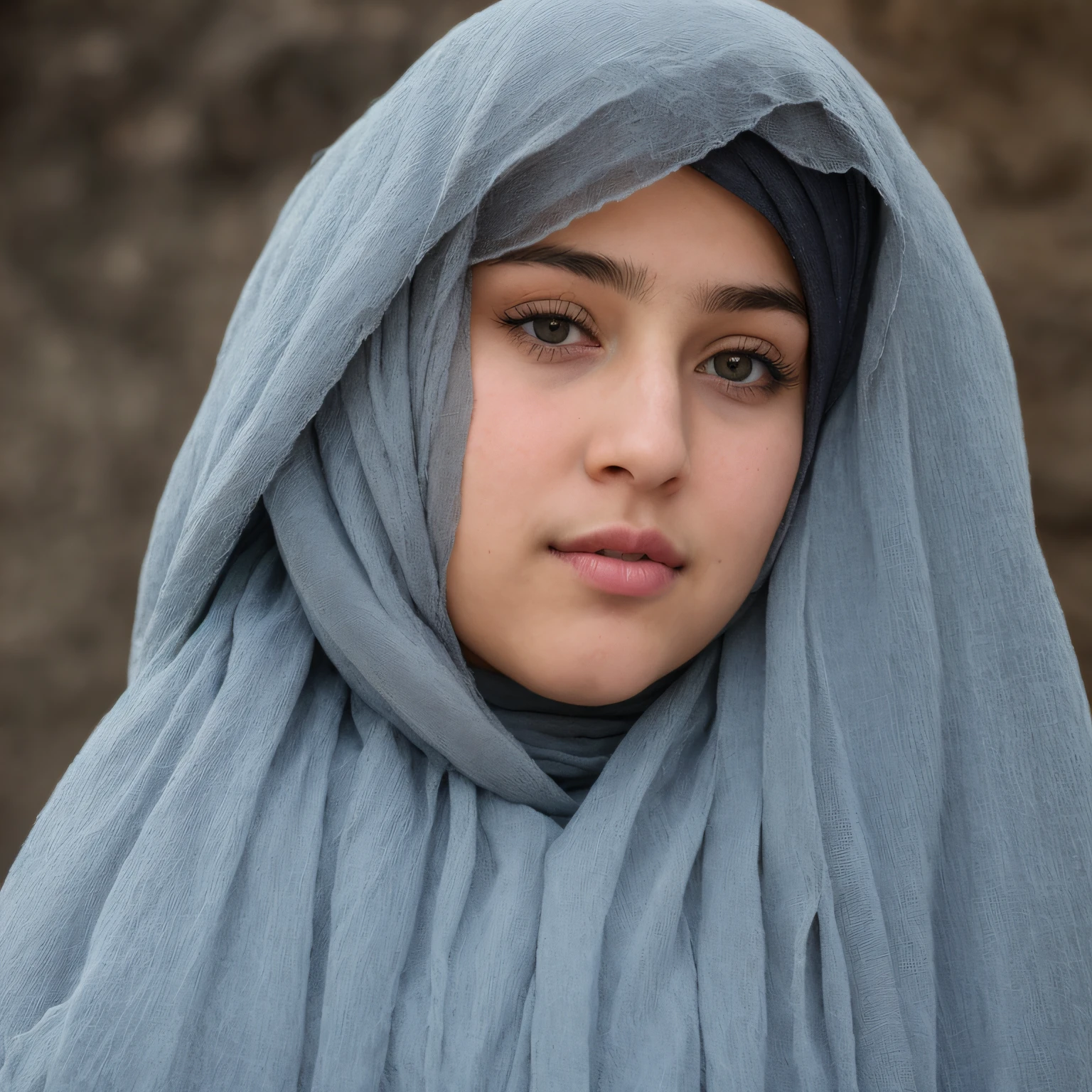 "Please generate a high-resolution photographic portrait of a 15-year-old Afghan female refugee. The image must be centered in the frame, full, and show clear skin texture. The refugee must wear a turban on her head consisting of two or three pastel colors. Their clothing must appear tattered and scruffy. Their facial expression is one of fear and pain. The background must be a 12-by-16-inch canvas oriented to the landscape depicting blurred refugee tents." --auto