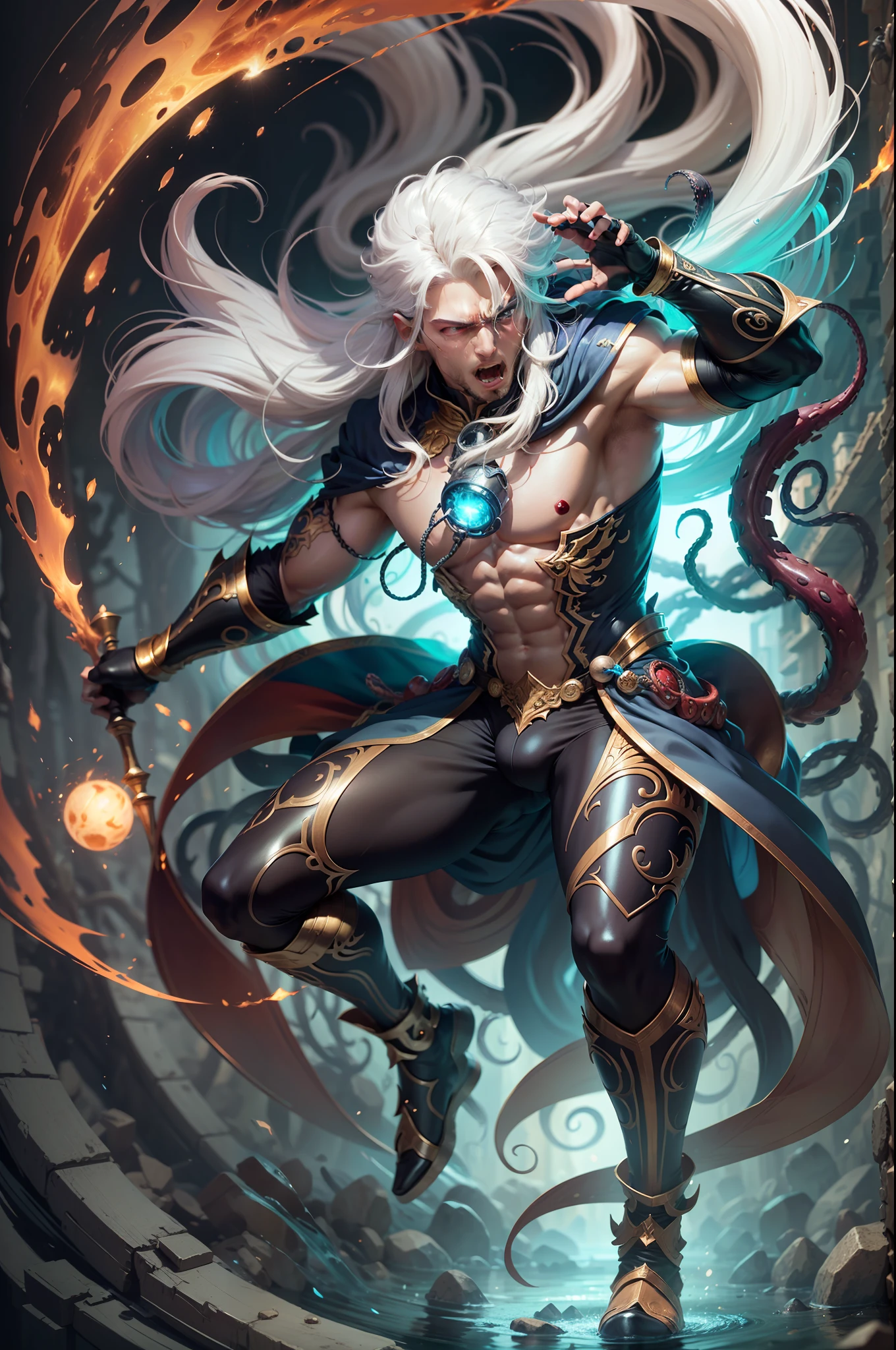 Full body image, Man sorcerer being attacked by tentacles, intricate details, strong body, long messy white hair, sorcerer's outfit rich in detail, vivid colors, abstract setting, centered image, dynamic pose, realistic, anime style, 16k, underwear with bulge, muscular hero underwear, underwear with hyper bulge, realistic, golden shiny particles, sorcerer's outfit with red underwear with detailed bulge,  Holding extremely detailed staff, ultra detailed full body image, expression of fear and panic, tentacles attacking and squeezing, expression of panic