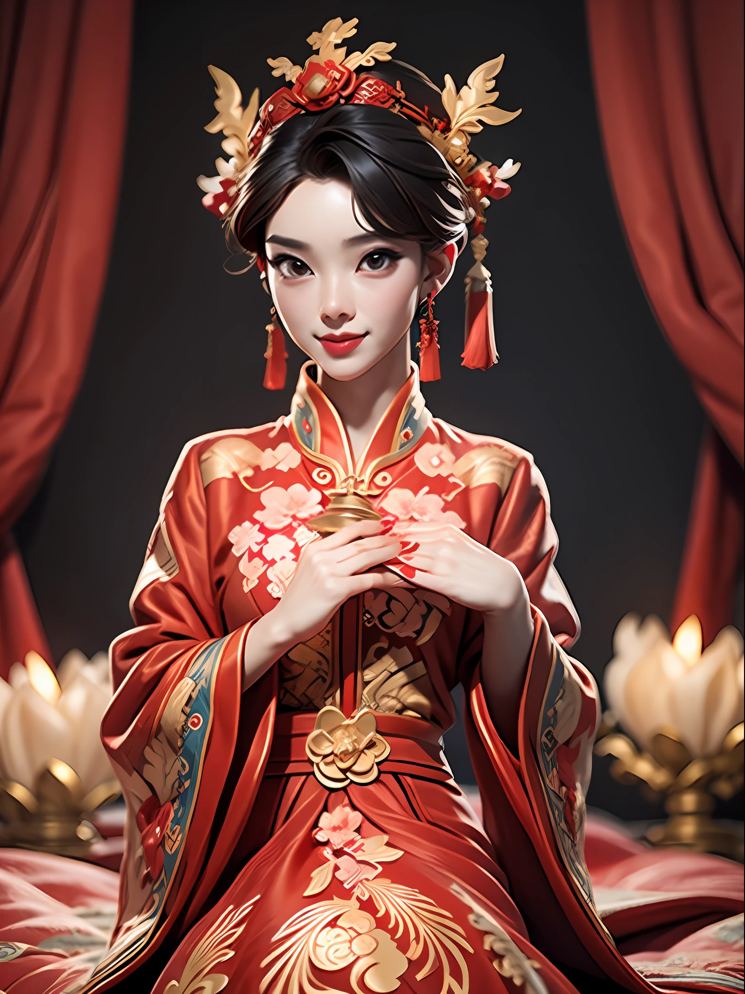 Best quality: 1.1), (Realistic: 1.1), (Photography: 1.1), (Height detail: 1.1), A woman in a red and gold dress with a tiara on her head, a hair stick, (sitting on a red bed), blushing, shy, black_hair, crown, looking down, (2 red candles), Chinese_clothes, curtains, earrings, hair_ornament, hanfu, interior, jewelry, long_sleeves, red dress, Red Lip, Tassel, (Red Quilt), (Red Palace: 1.2), (3DMM: 1.5)