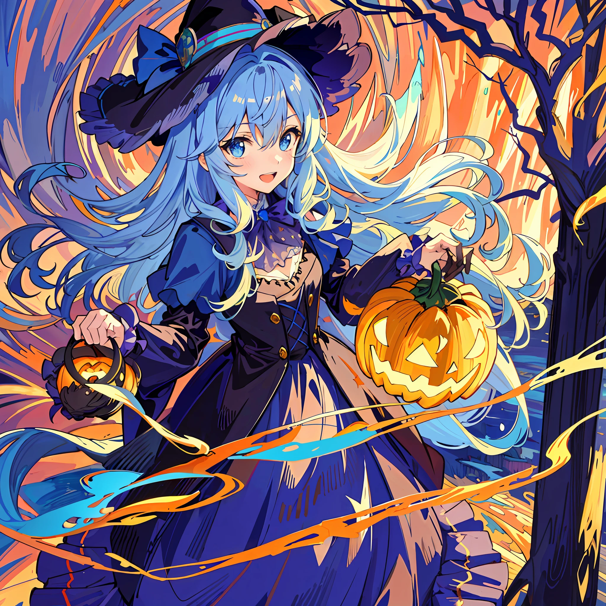 ((masterpiece:1.2, best quality)), 1girl, solo, (witch hat), a close up of a girl with curly hair, dress, aurora, night, star (sky), gloves, sky, dress, night sky, open mouth, starry sky, light blue eyes, ribbons, smile, cape, colorful hair, magic, casting spell, night, (impressionism:1.4), alphonse mucha, Halloween colors, colorful candy, magical lights, pumpkins, candies
