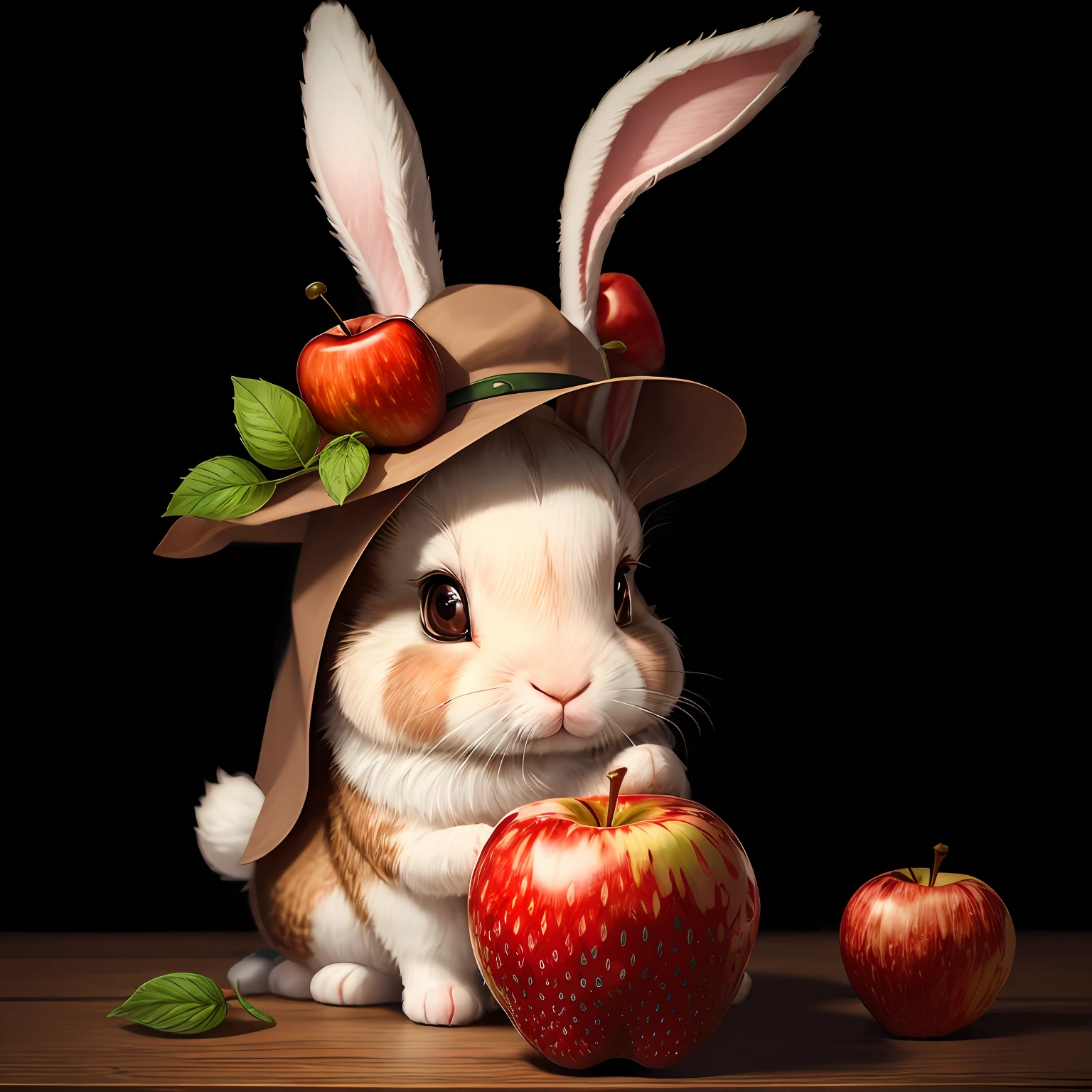 bunny, realistic, furry animal, apple, black eye, blush, cherry, food, fruit, full body, hat, inhuman, strawberry, tomato, watermelon --auto