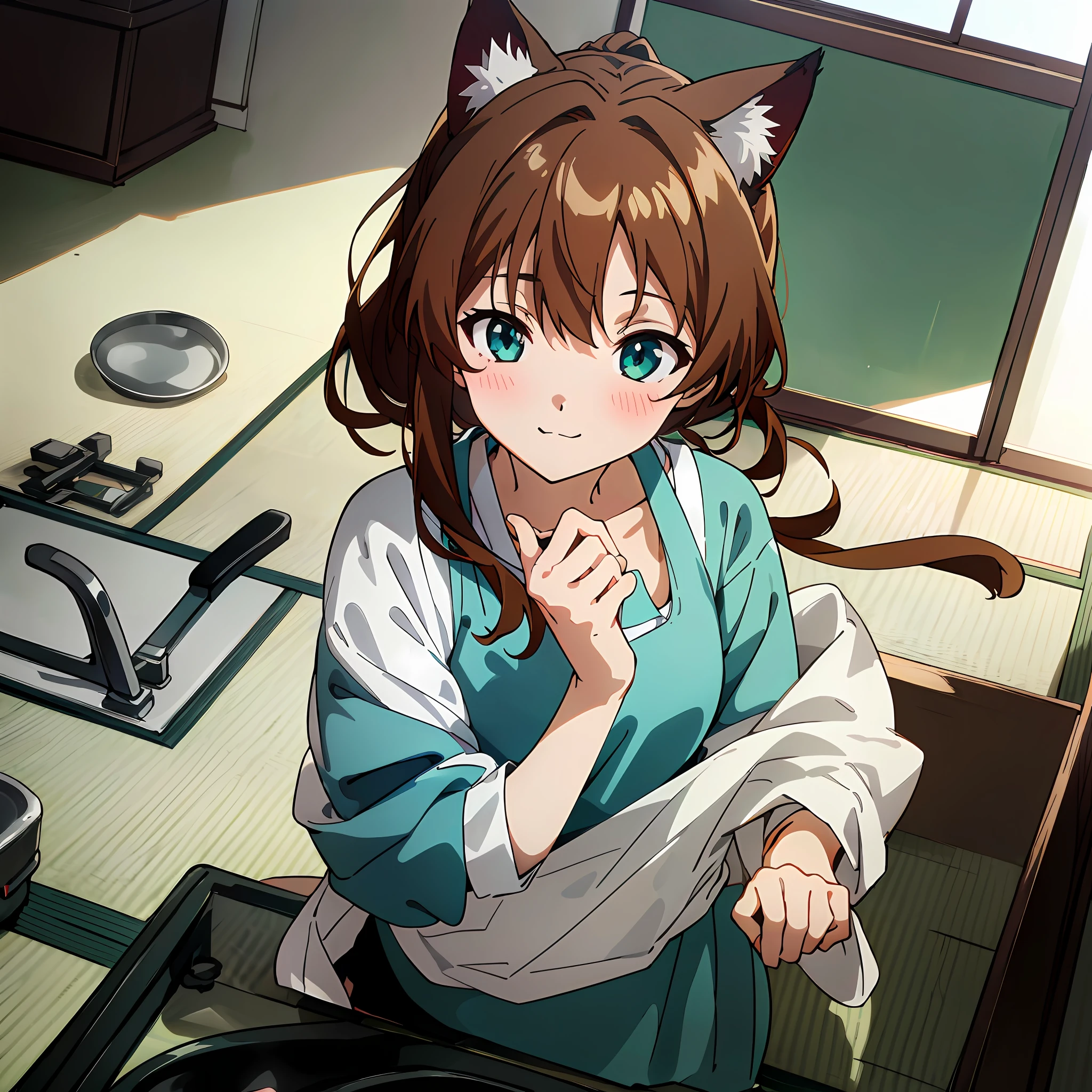(Super detailed, high resolution, Kyoto animation style anime illustrations, highest quality official art featured: 1.6), beautiful face, eyes, highly detailed body, very detailed hair, nice hands, perfect hands, beautiful hands, (1 girl: 1.4), (Chibi: 0.8), (cute: 1.2), (cute: 1.2), (loli: 0.5), one girl, cat ears, (big, Semi-long hair with brown hair, trimmed hair, long sleeves, looks good: 1.5), change of clothes, (girl cross-legged on 3 tatami mats, : 1.4), (dynamic angle, look away, upper body, sports bra, apron, cotton panties: 1.2), (light smile, 17 years old, brown hair, ponytail, cat ears, Aqua Eye, Slender Girl), (3 Japan apartment, daylight, rest, indoor, kitchen, stove, sink, shelf, from above
, ((looking down)), ((looking away)), closed mouth, cooking, lunbh on table,