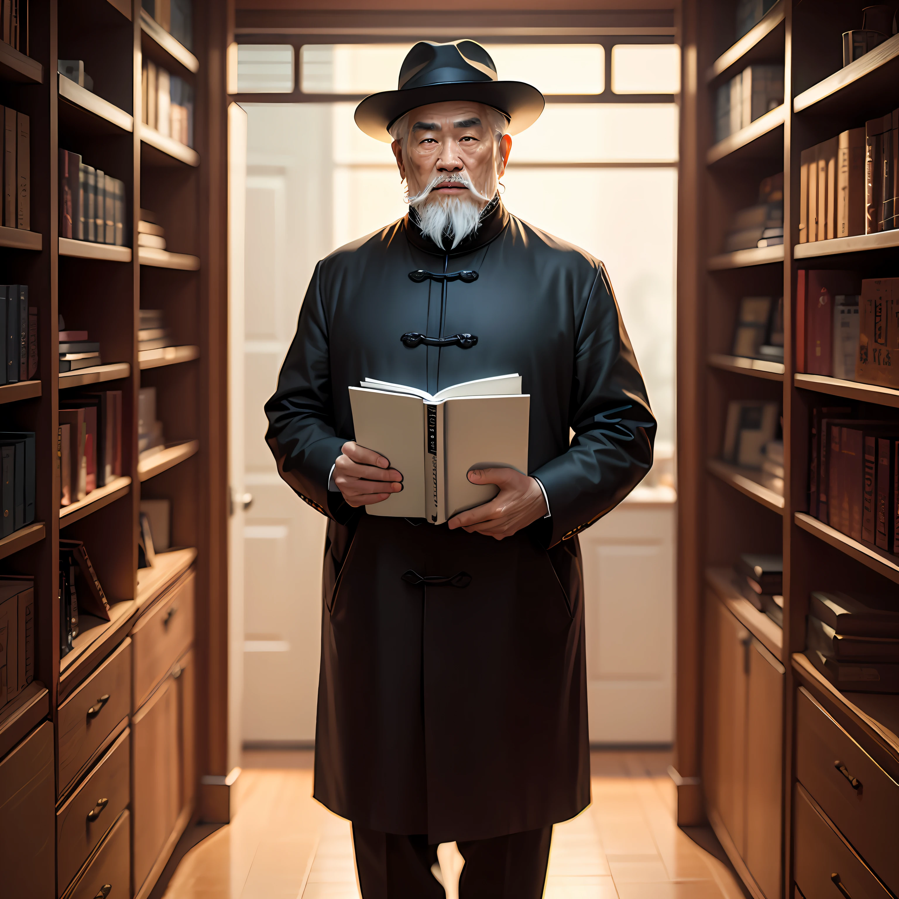 Wearing a hat, a long white beard, and a black cloth coat, an elderly Chinese man stood in front of a huge bookshelf with a thick black book in his hand and a frontal photo of his whole body