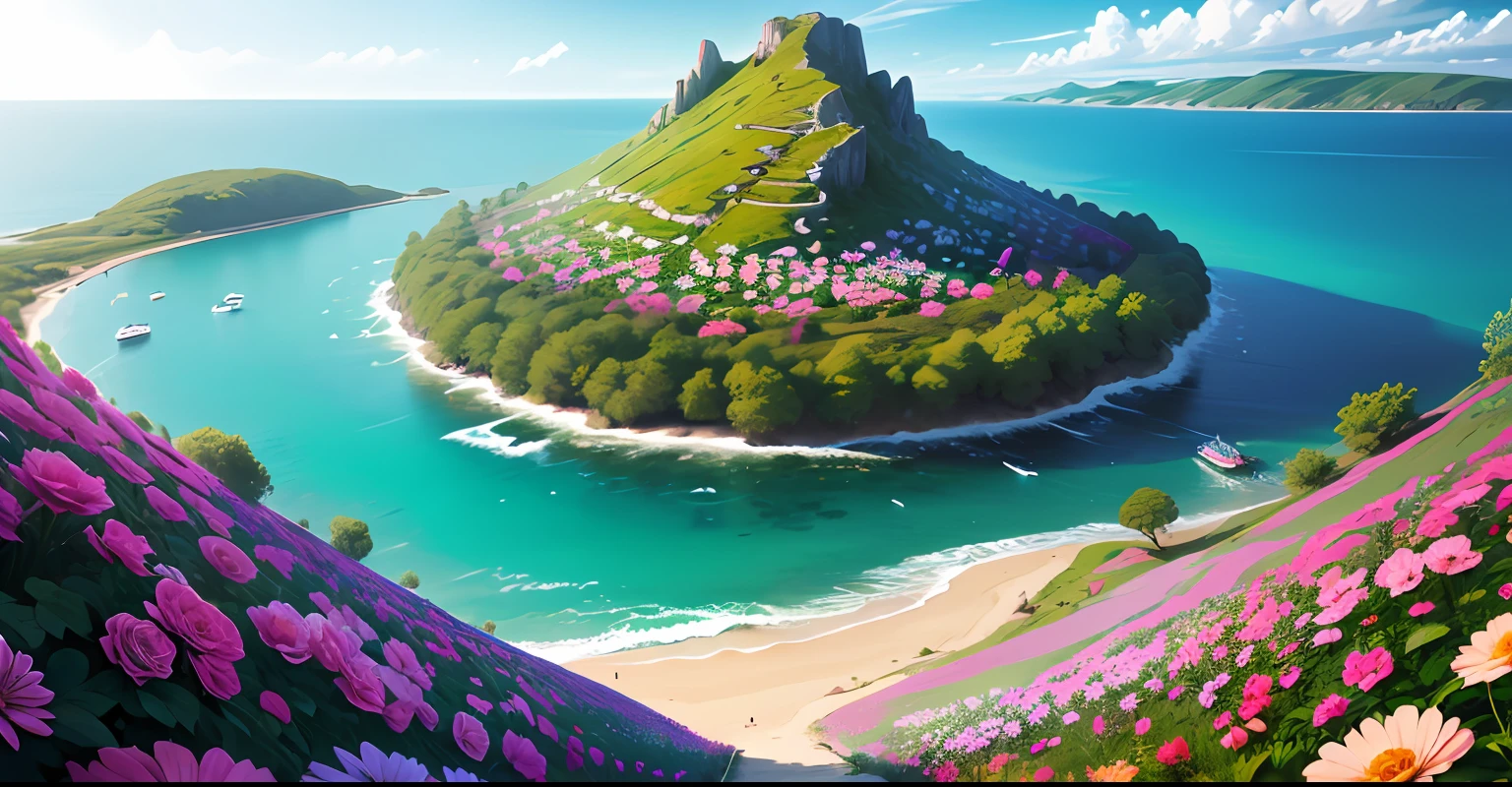 There is a small island with various colors of monthly flowers, a sea of monthly flowers, a sea of roses, a sea of real flowers, a sea of flowers, a landscape of flowers --auto