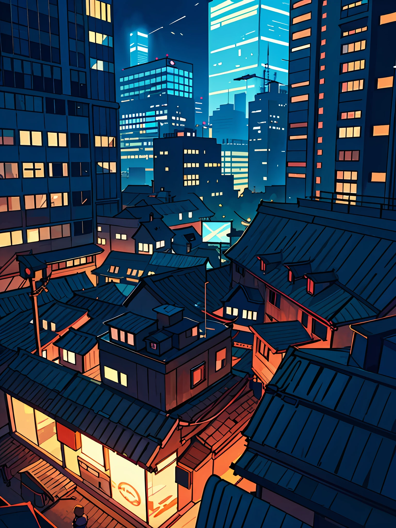 Precise lines, true to photos, illustration atmosphere, anime-style, cartoon-style, complex urban scenery