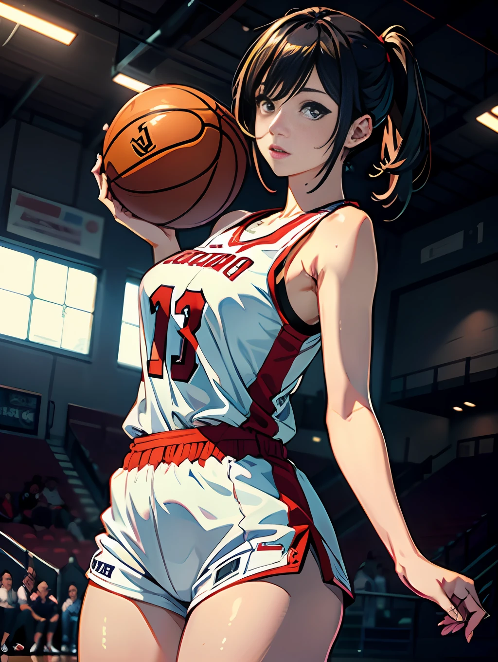 (masterpiece),1beautiful girl,(extremely detailed CG unity 8k wallpaper),best quality,solo,cinematic lighting,detailed background,basketball uniform,beautiful detailed eyes,bright pupils, large breasts,narrow waist,nice foots,(an extremely delicate and beautiful),(Beautiful and detailed eye description)basketball venue,ultra-detailed,masterpiece,