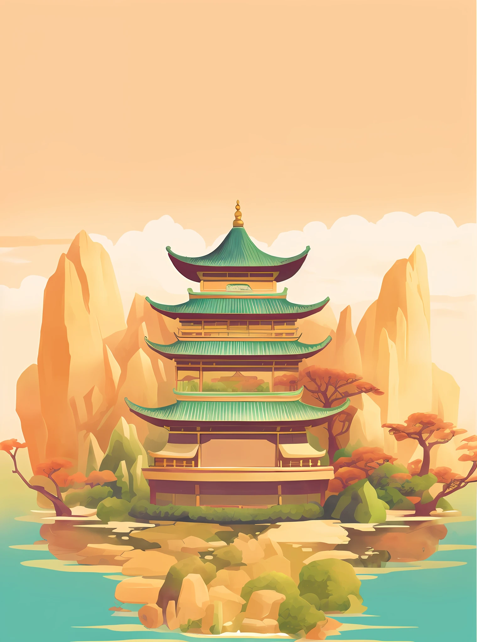 illustration of a pagoda in the middle of a lake surrounded by mountains, digital painting of a pagoda, background depicting a temple, temple background, zen temple background, chinese watercolor style, ancien chinese tower, a beautiful artwork illustration, background artwork, background art, chinese landscape, legend of korra setting, chinese building, serene illustration, chinese palace, pagoda