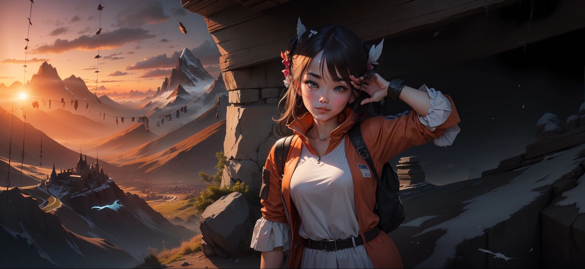 Background is mountain,sunset,