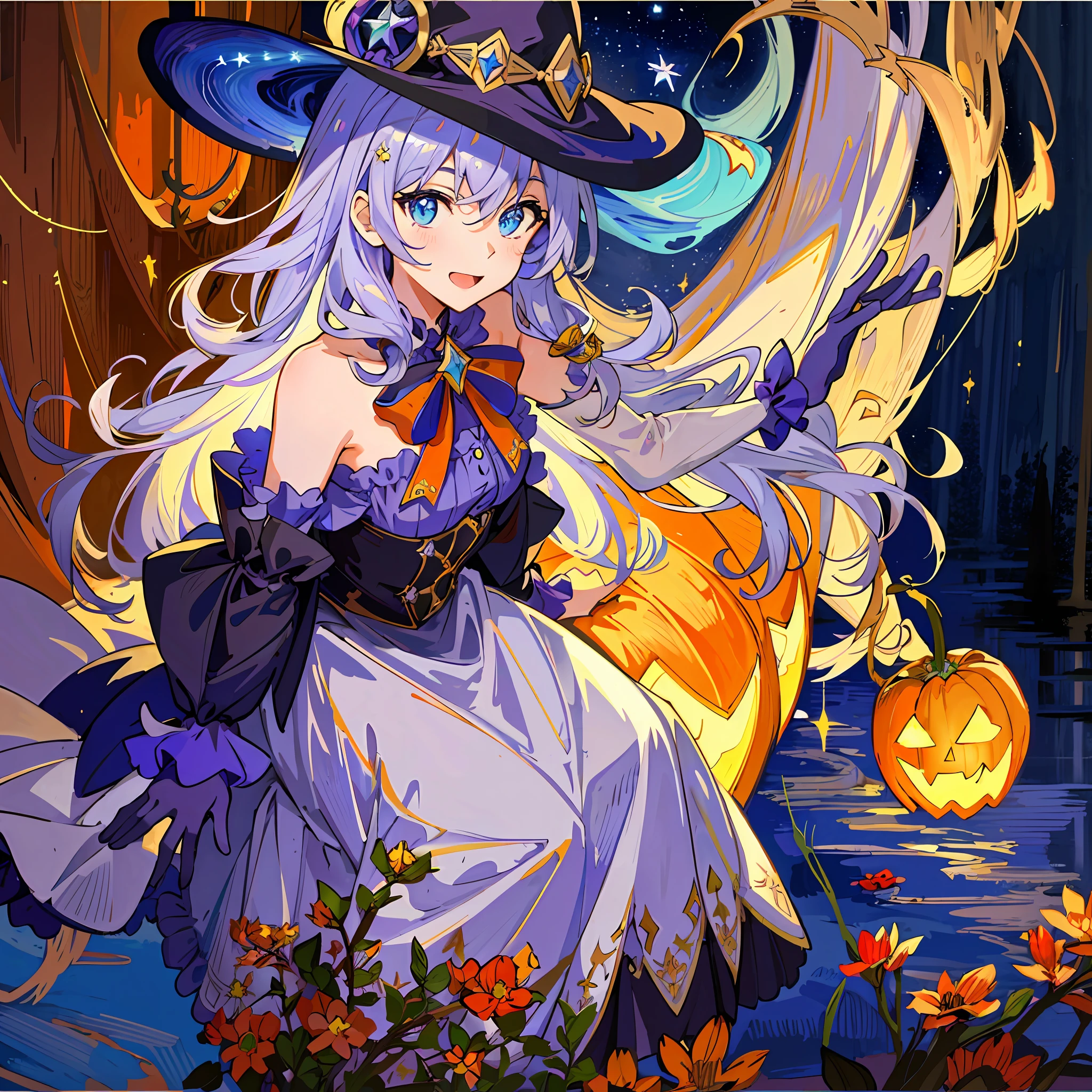 ((masterpiece:1.2, best quality)), 1girl, solo, (witch hat), a close up of a girl with curly hair, dress, aurora, night, star (sky), gloves, sky, dress, night sky, open mouth, starry sky, light blue eyes, ribbons, smile, cape, colorful hair, magic, casting spell, night, (impressionism:1.4), alphonse mucha, Halloween colors, colorful candy, magical lights, pumpkins, candies