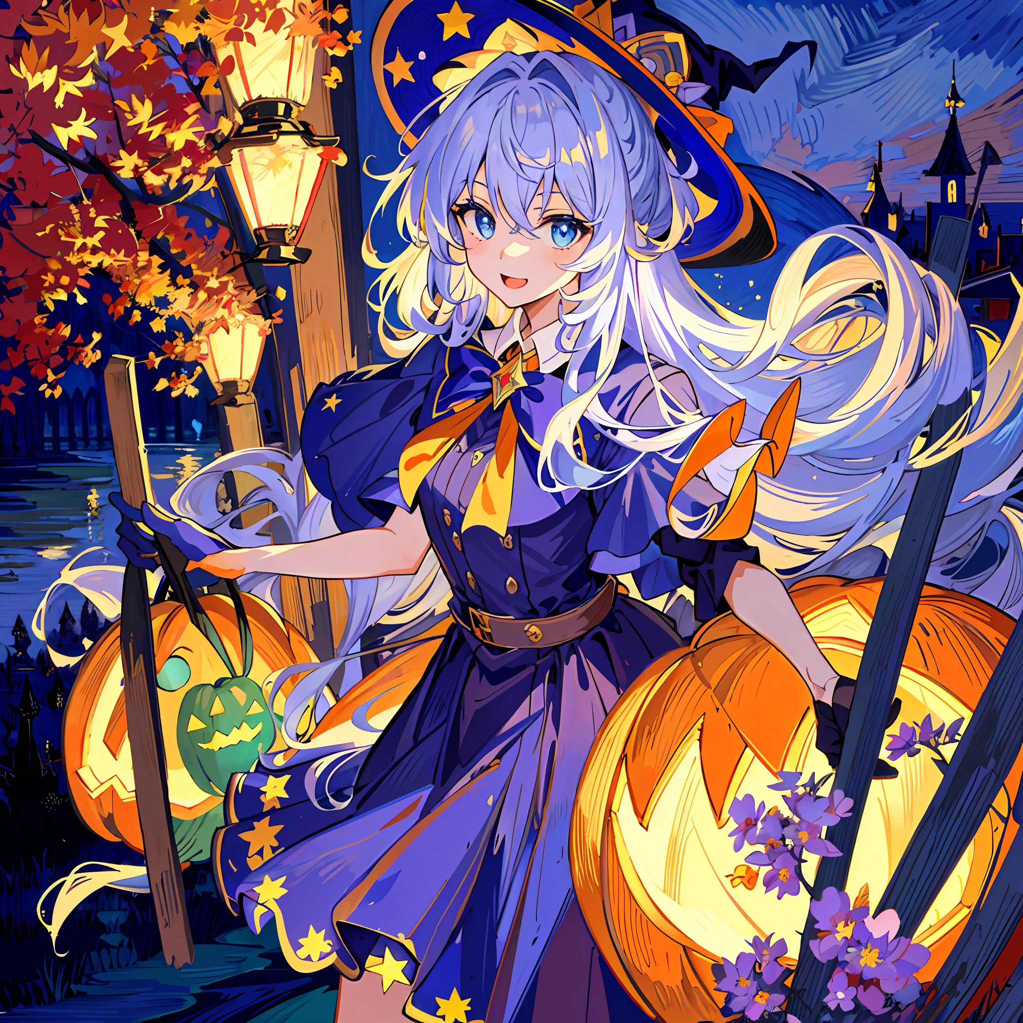 ((masterpiece:1.2, best quality)), 1girl, solo, (witch hat), a close up of a girl with curly hair, dress, aurora, night, star (sky), gloves, sky, dress, night sky, open mouth, starry sky, light blue eyes, ribbons, smile, cape, colorful hair, magic, casting spell, night, (impressionism:1.4), alphonse mucha, Halloween colors, colorful candy, magical lights, pumpkins, candies