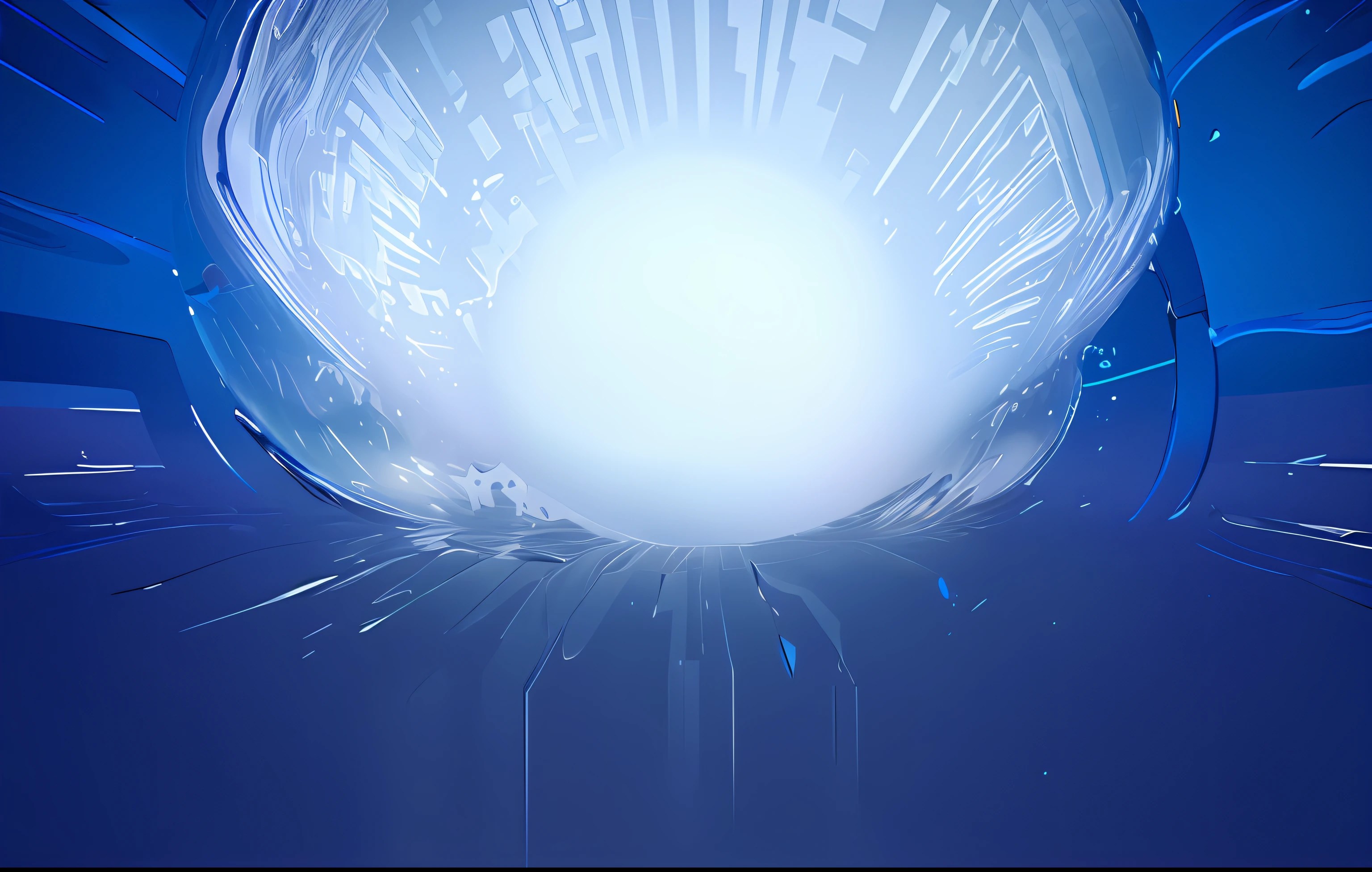 there is a blue background with a white light in the middle, liquid simulation background, water particle in front, volumetric light ， surreal, futuristic background, inside a snow globe, cool background, volumetric light water, surreal cyberspace, ice planet, inside glass orb, surreal background, wormhole, megastructure background, universal background, cyber background