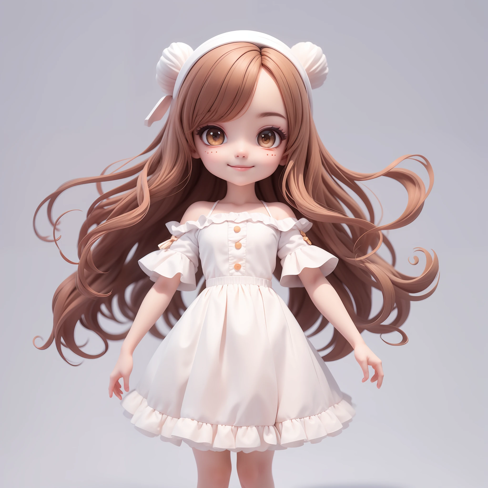 (Masterpiece), (Best Quality), (Ultra Detailed), (Full Body: 1.2), Chibi, Cute, Morning Light, White Background, Holding Ice Cream Cone, Front View, Bokeh, Supersaturated, Color Contrast: 1.1, Surreal, Digital Art, Art Station, 1 Girl, Smile, Brown Wavy Long Hair, Brown Eyes, White Dress with Ruffles, Off-the-Shoulders, Blush, (Beautiful Detailed Face)