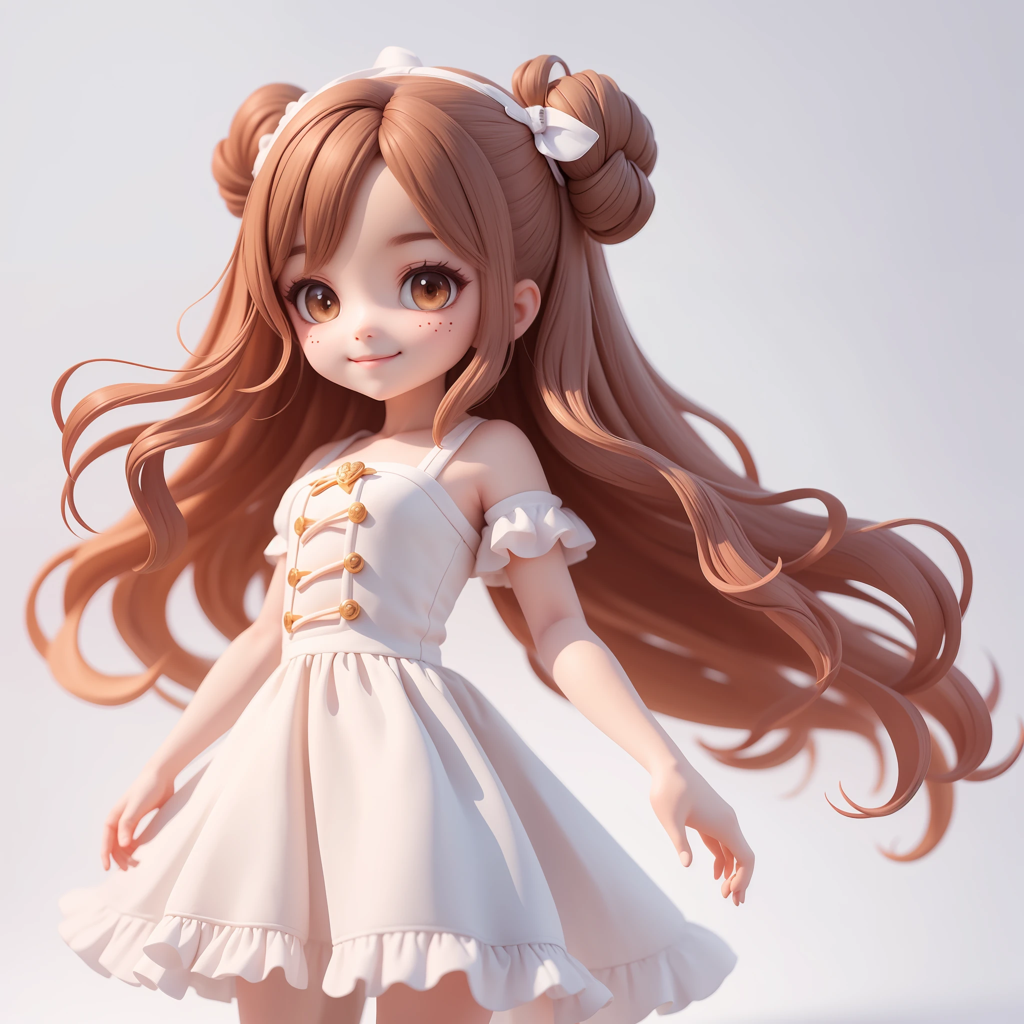 (Masterpiece), (Best Quality), (Ultra Detailed), (Full Body: 1.2), Chibi, Cute, Morning Light, White Background, Holding Ice Cream Cone, Front View, Bokeh, Supersaturated, Color Contrast: 1.1, Surreal, Digital Art, Art Station, 1 Girl, Smile, Brown Wavy Long Hair, Brown Eyes, White Dress with Ruffles, Off-the-Shoulders, Blush, (Beautiful Detailed Face)