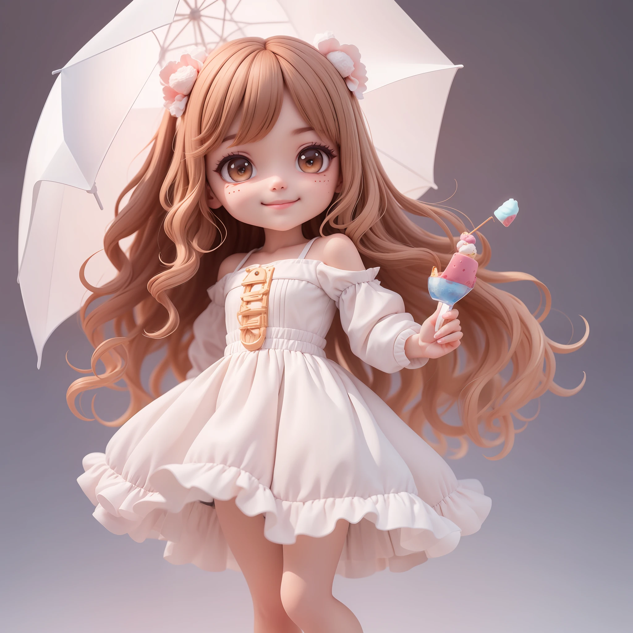 (Masterpiece), (Best Quality), (Ultra Detailed), (Full Body: 1.2), Chibi, Cute, Morning Light, White Background, Holding Ice Cream Cone, Front View, Bokeh, Supersaturated, Color Contrast: 1.1, Surreal, Digital Art, Art Station, 1 Girl, Smile, Brown Wavy Long Hair, Brown Eyes, White Dress with Ruffles, Off-the-Shoulders, Blush, (Beautiful Detailed Face)