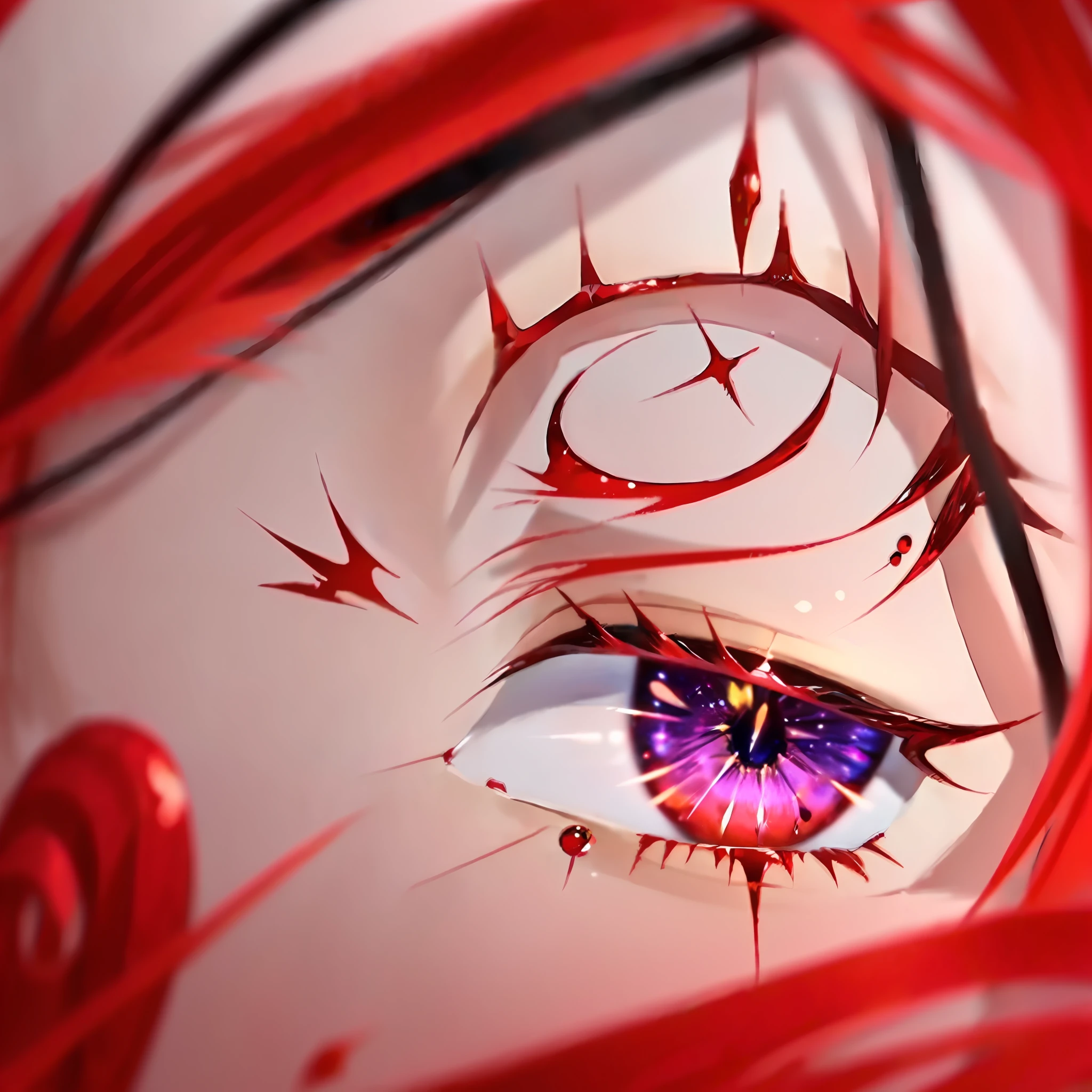 depth of field, 1girl, eye focus, close up, demon eyes, star eyes, diamonds, (blood), shimmering hair, glowing hair, (iridescent brunet)