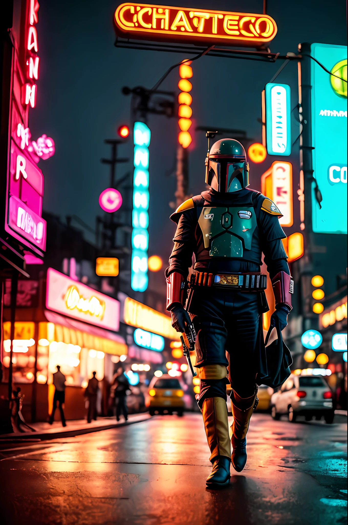 solo, man bobafett, in a cyberpunk city bustling with neon signs, night, rusty, space, planet, style, cocked hip, demure, low cut, detailed skin, matte skin, soft lighting, subsurface scattering, realistic, heavy shadow, masterpiece, best quality, ultra realistic, 8k, golden aspect ratio, intricate, high detail, film photography, soft focus, low light,
